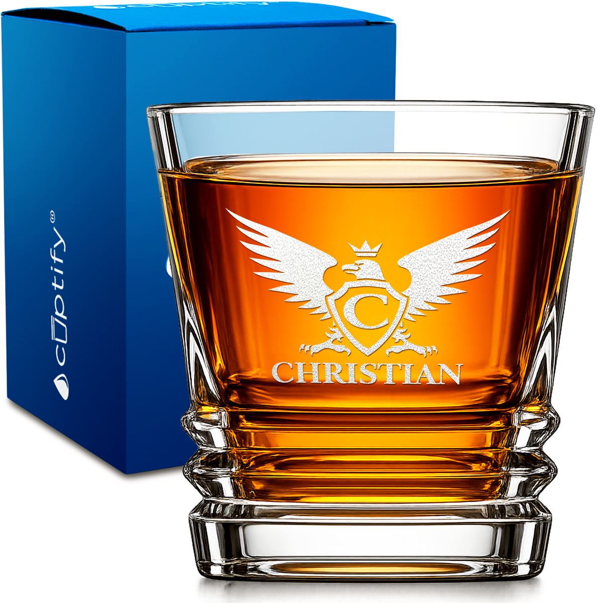 Personalized Eagle Crest Monogram design on 10oz Accordion Whiskey Glass