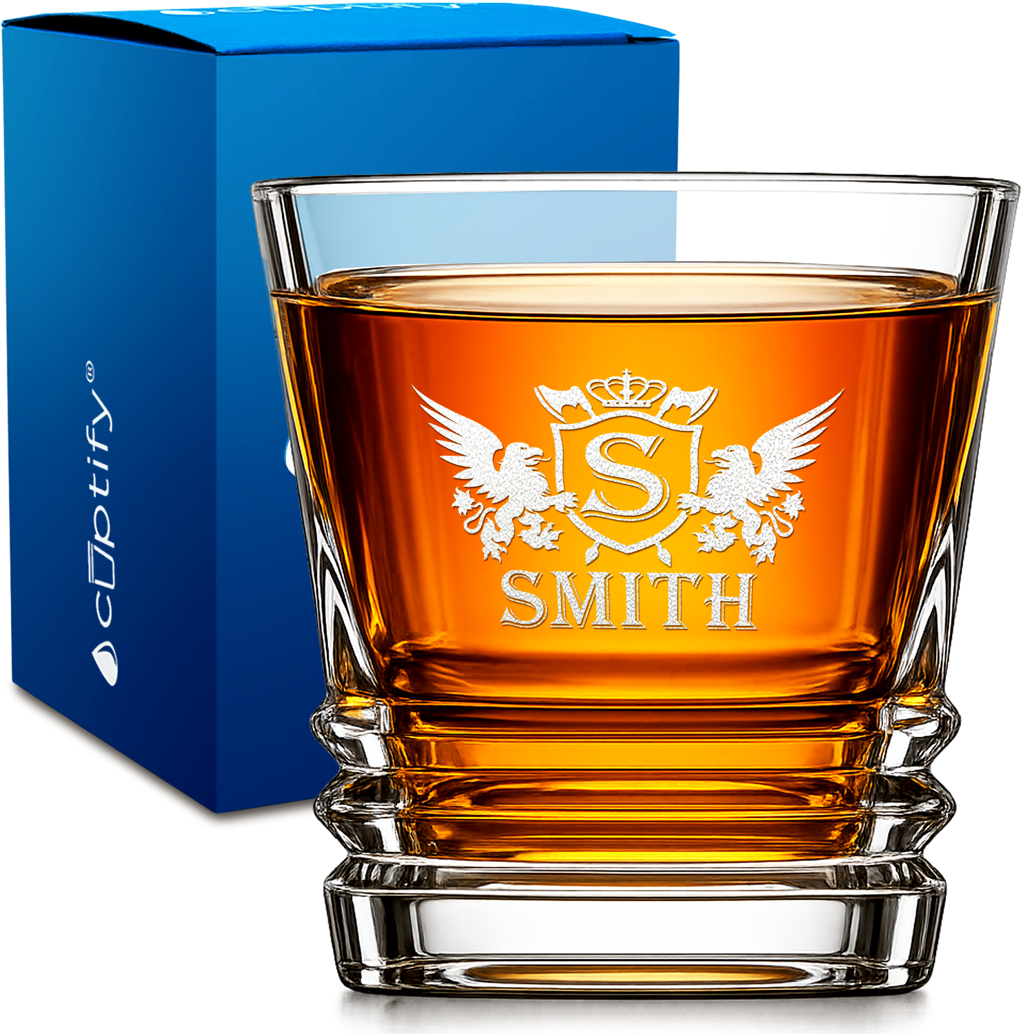 Personalized Griffin Family Coat of Arms design on 10oz Accordion Whiskey Glass