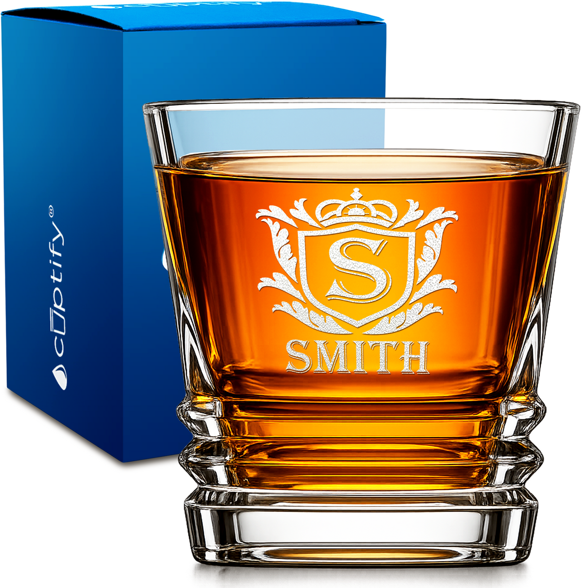 Personalized Monogram Shield Crest design on 10oz Accordion Whiskey Glass