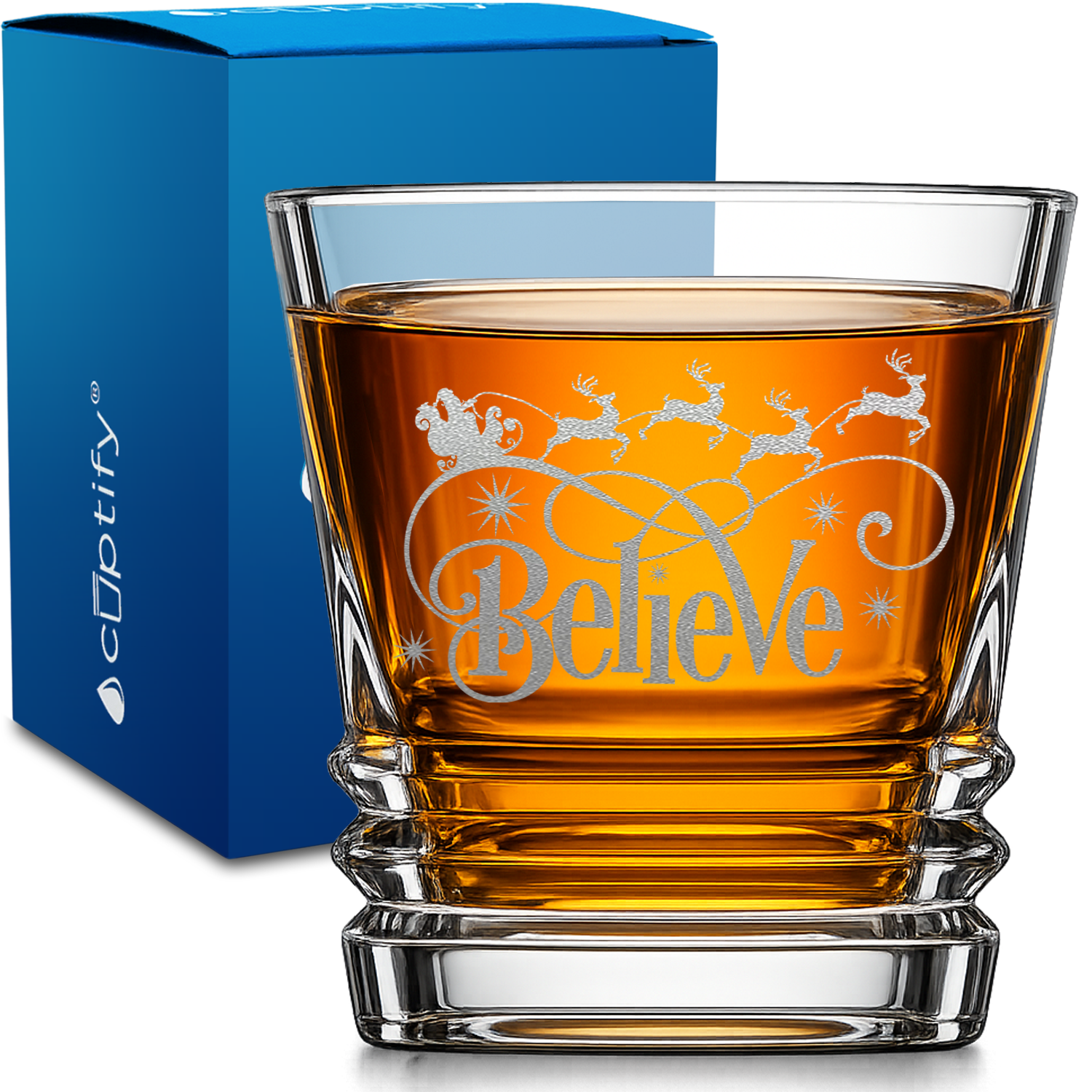 Believe in Santa design on 10oz Accordion Whiskey Glass