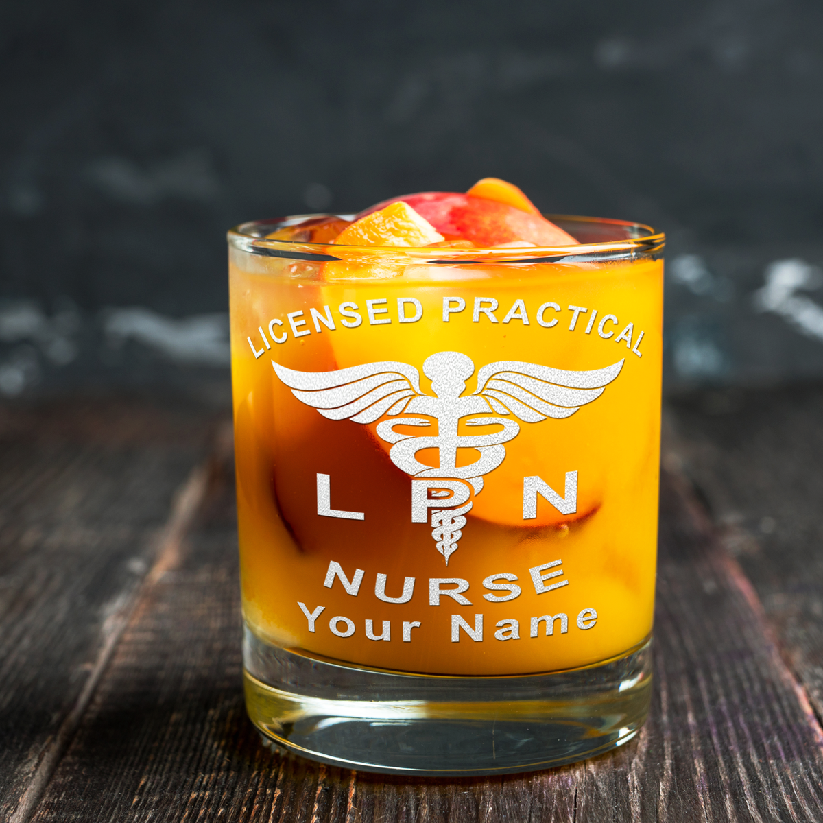 Personalized LPN Licensed Practical Nurse Etched on 10.25oz Old Fashion Glass