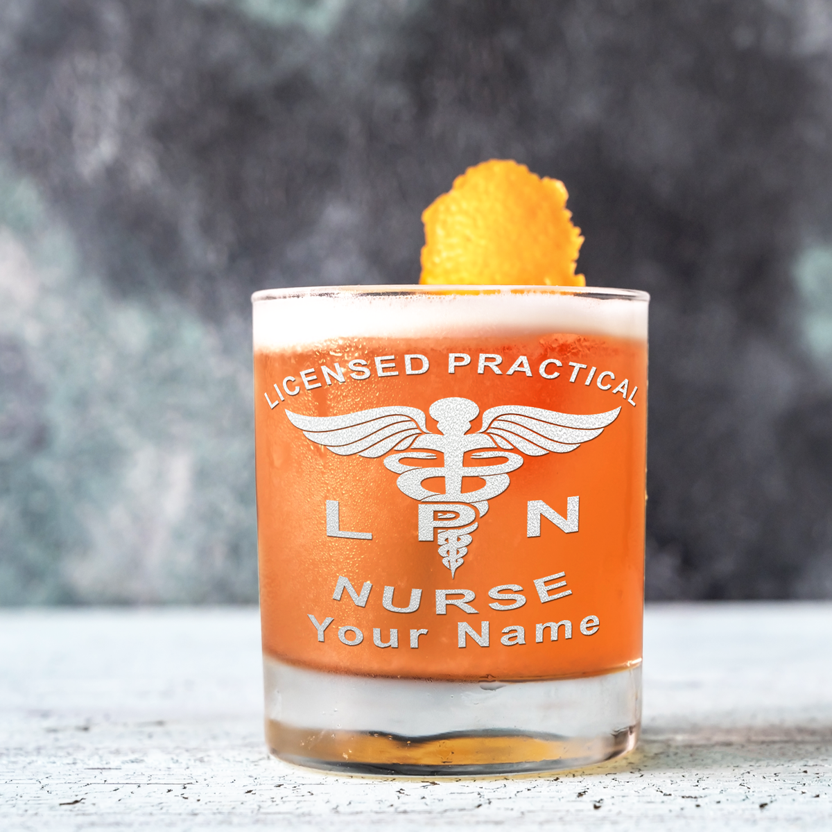 Personalized LPN Licensed Practical Nurse Etched on 10.25oz Old Fashion Glass