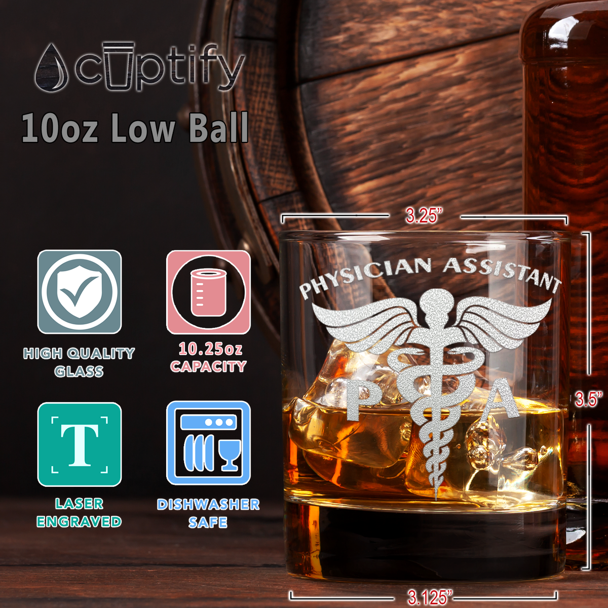 PA Physician Assistant on 10.25oz Whiskey Glass