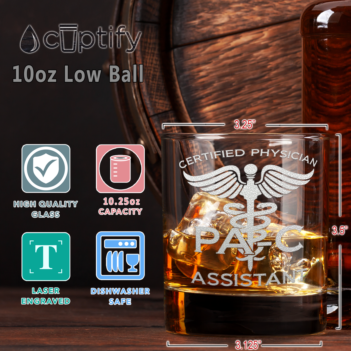 PA-C Certified Physician Assistant on 10.25oz Whiskey Glass