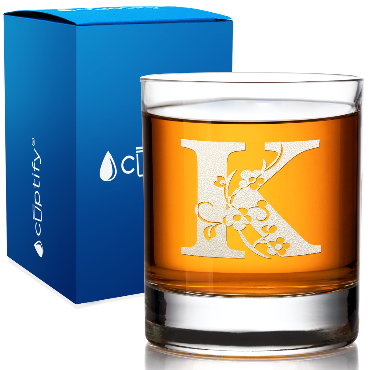 Monogram Floral Initial Letter on 10.25 oz Old Fashioned Glass