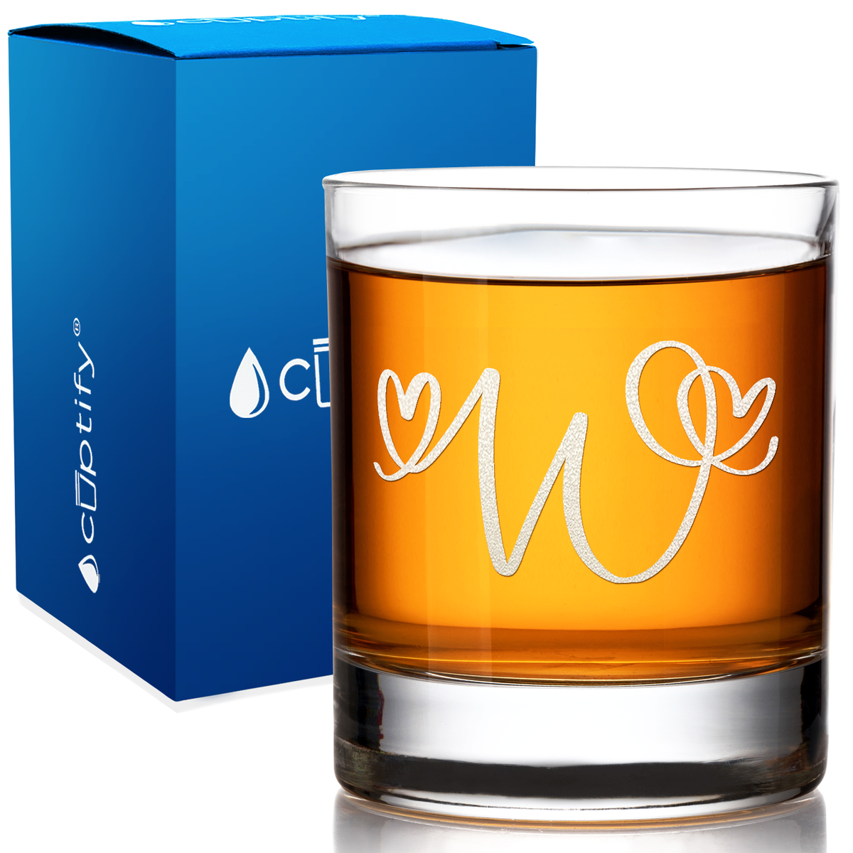 Monogram Hearts Initial Letter on 10.25oz Whiskey Glass