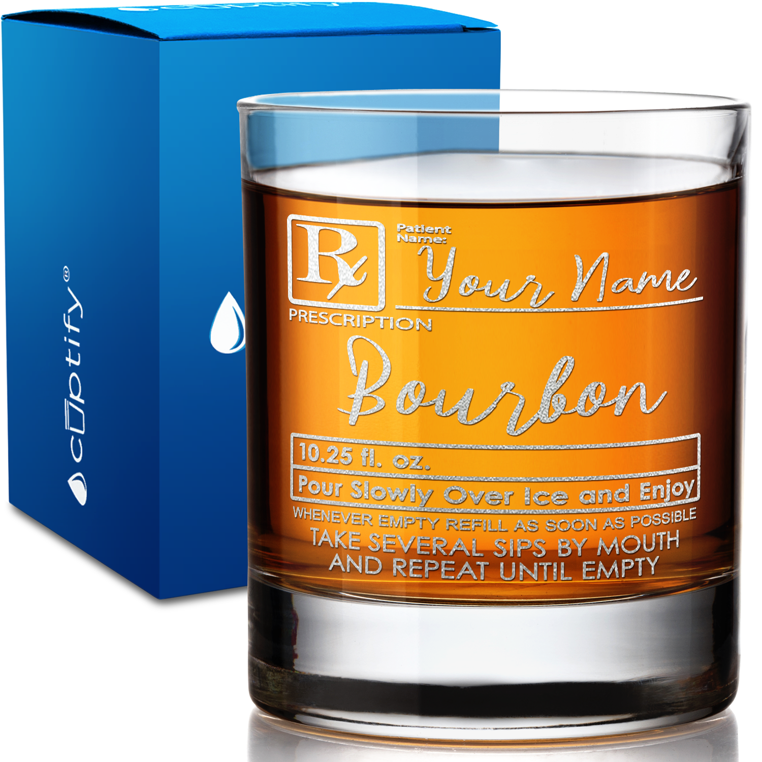 Personalized Prescription Bourbon on 10.25oz Whiskey Glass