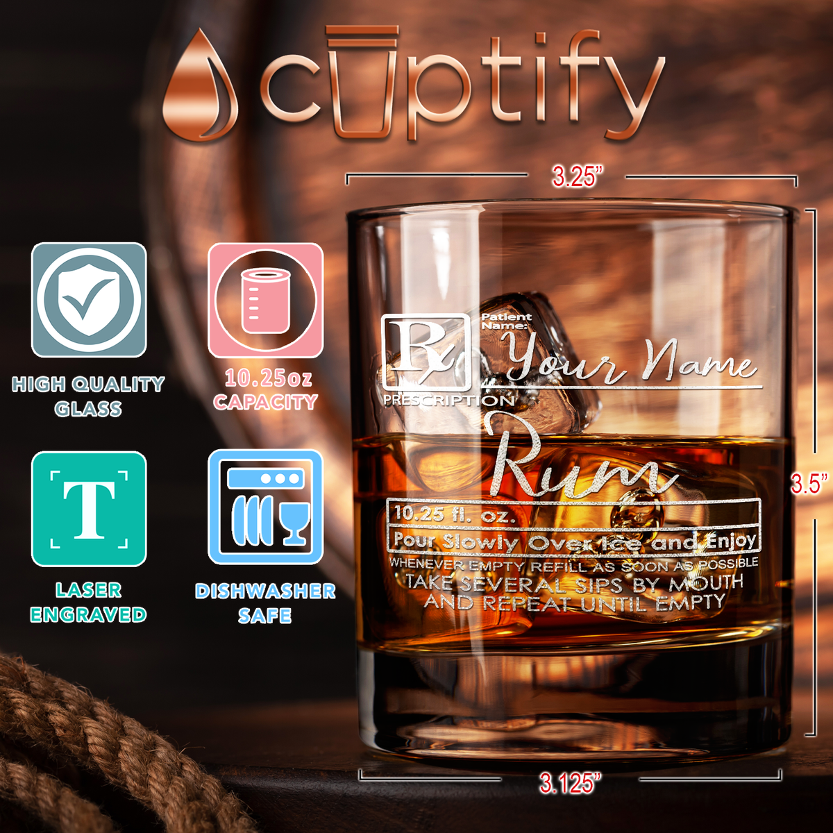 Personalized Prescription Rum on 10.25oz Whiskey Glass