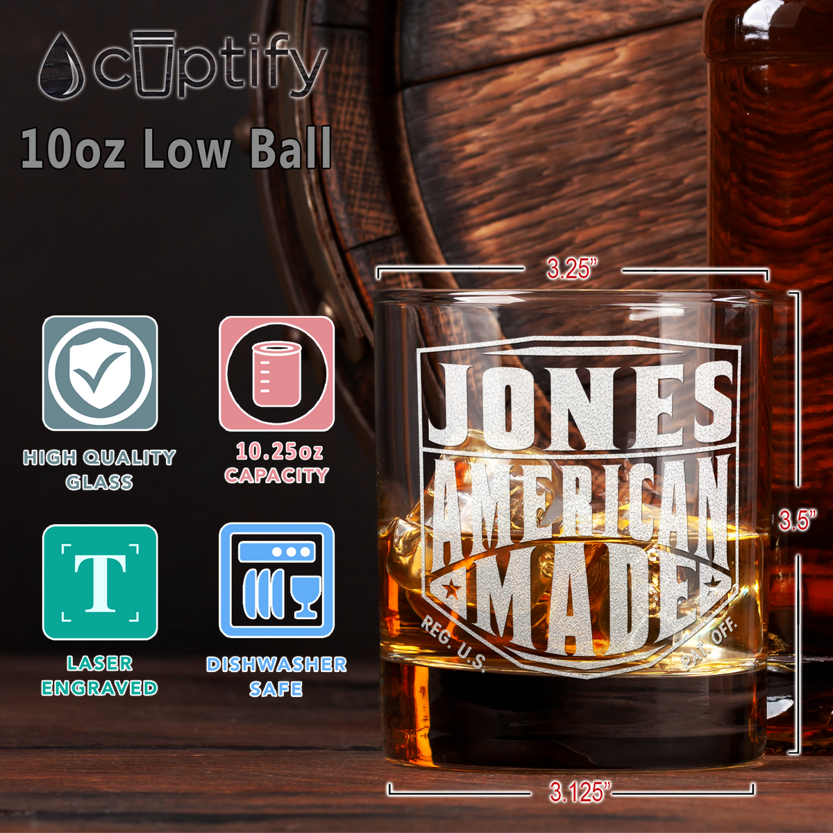 Personalized American Made on 10.25oz Whiskey Glass