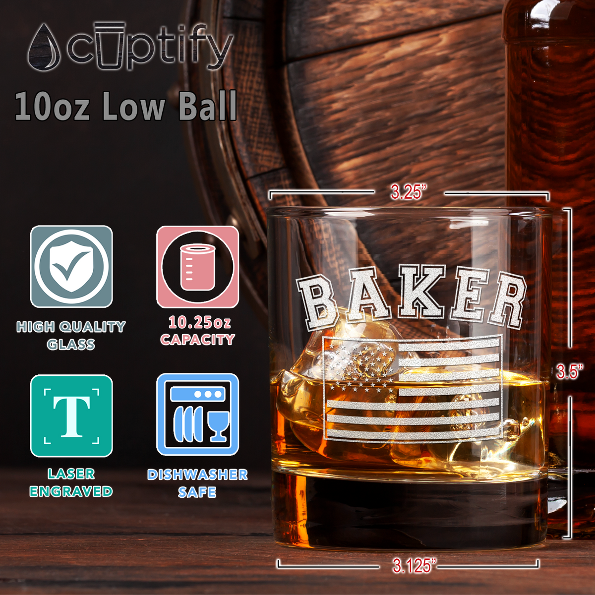 Personalized American Flag on 10.25oz Whiskey Glass