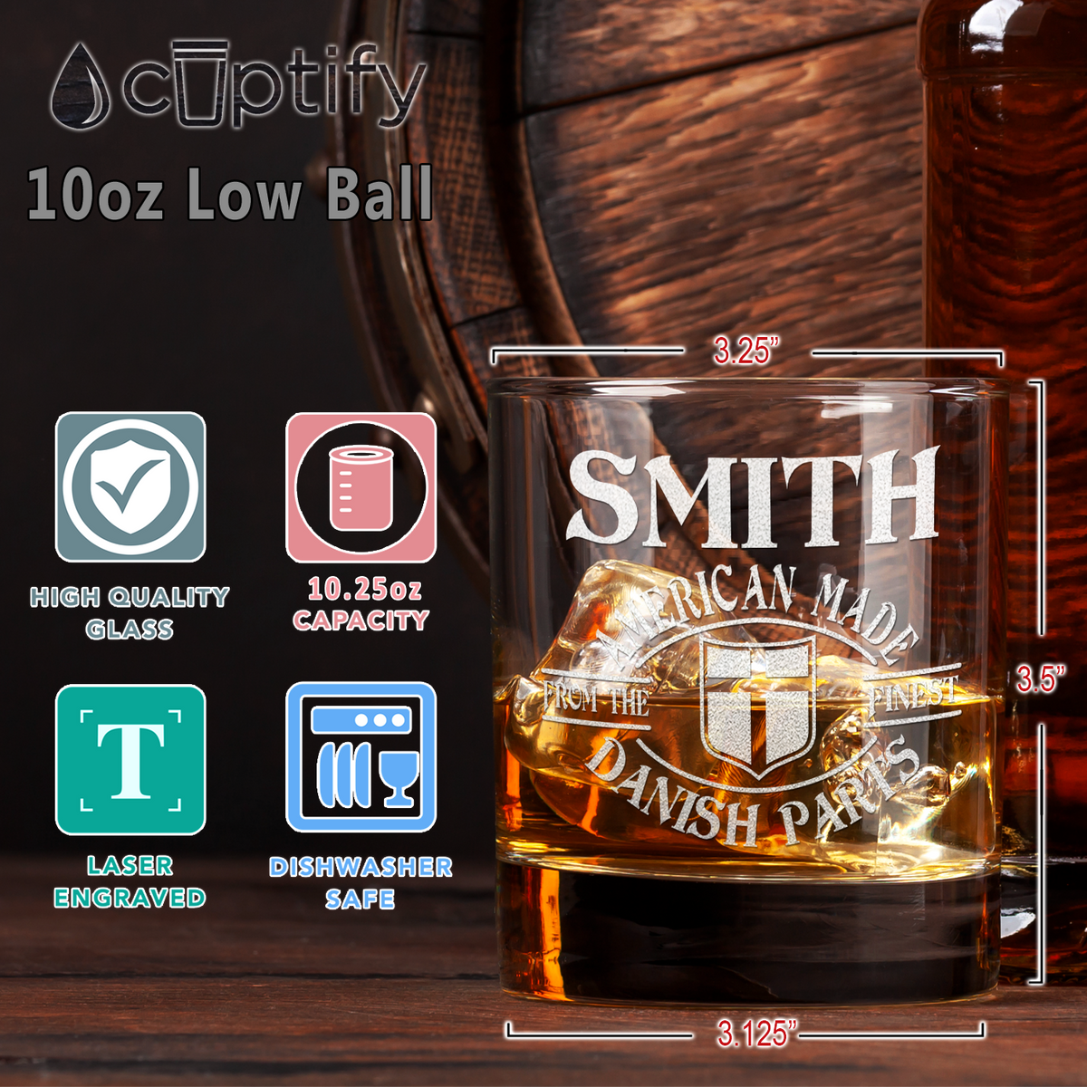 Personalized American From the Finest Danish Parts on 10.25oz Whiskey Glass