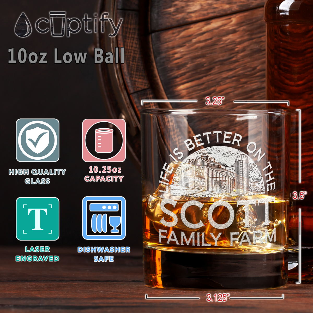 Personalized Life is Better on the Family Farm on 10.25oz Whiskey Glass