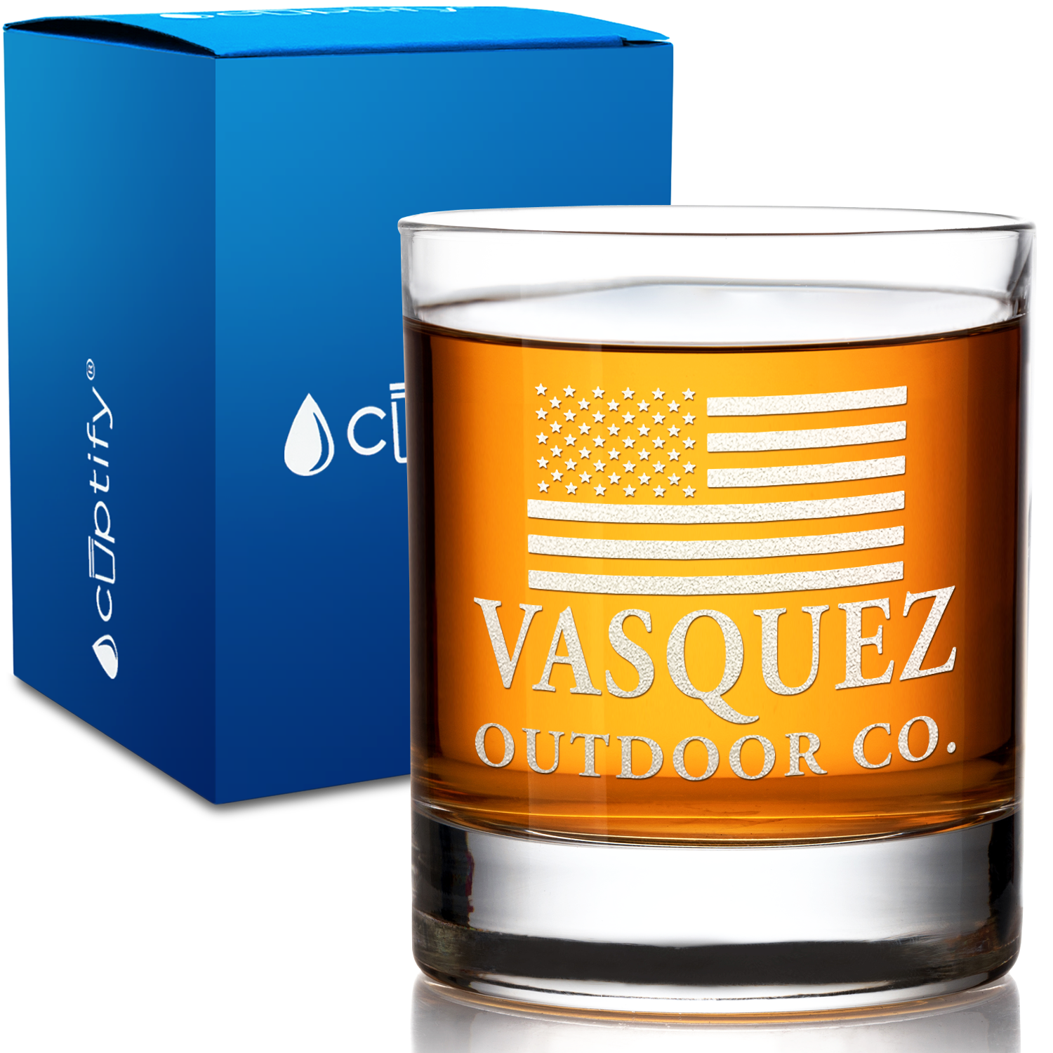 Personalized American Flag Outdoor Co on 10.25oz Whiskey Glass