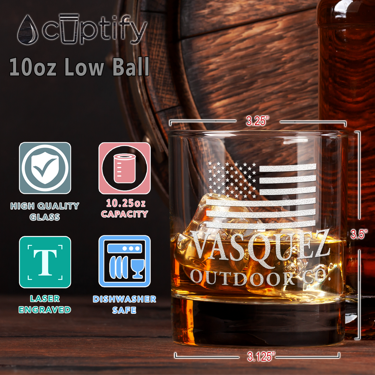 Personalized American Flag Outdoor Co on 10.25oz Whiskey Glass