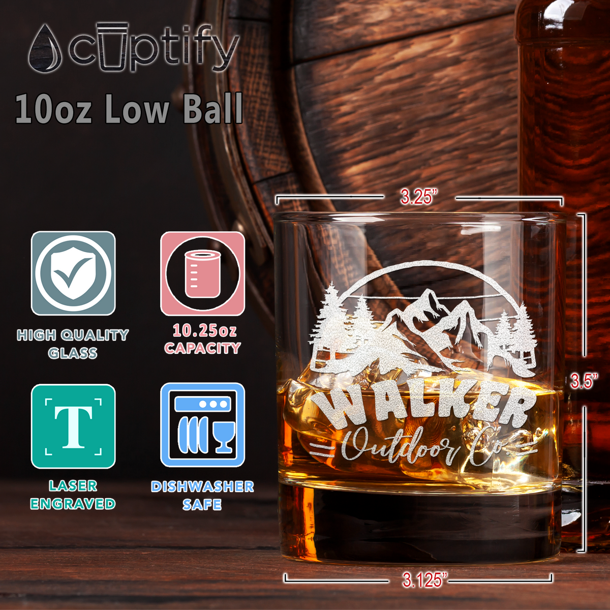 Personalized Mountains Outdoor Co on 10.25oz Whiskey Glass