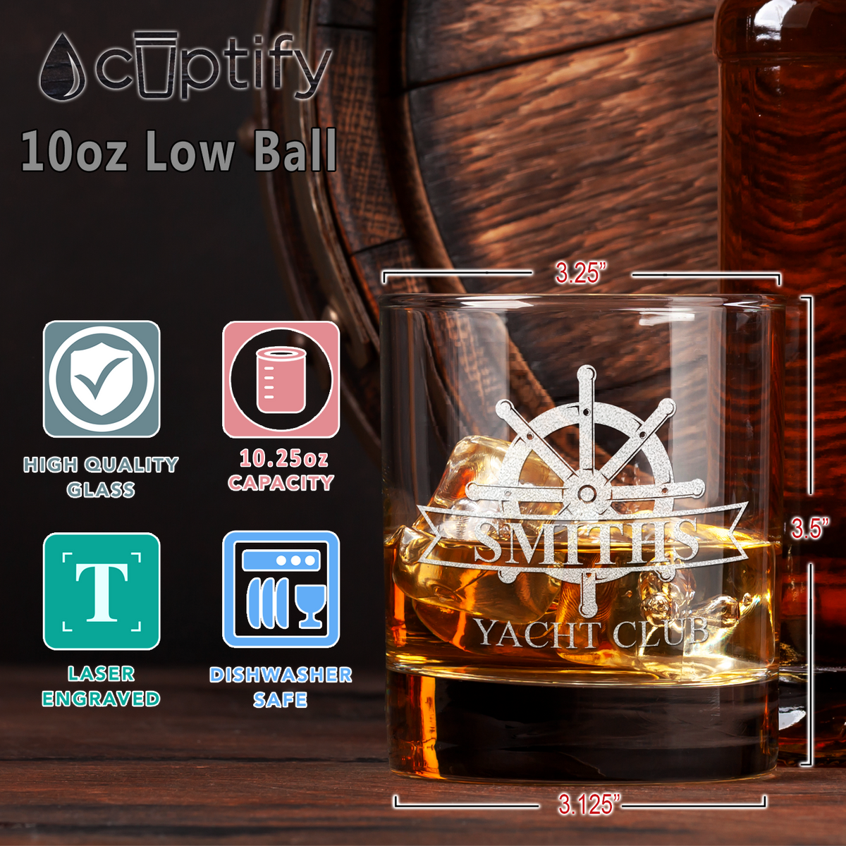 Personalized Yacht Club Wheel on 10.25oz Whiskey Glass