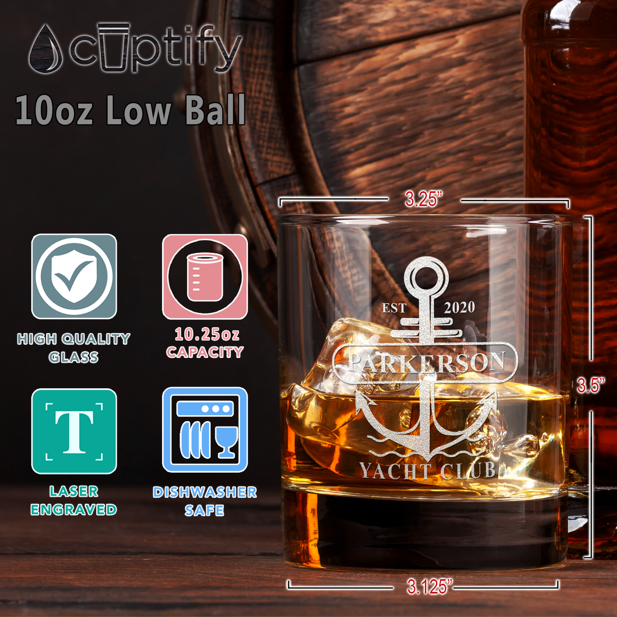 Personalized Yacht Club Anchor on 10.25oz Whiskey Glass