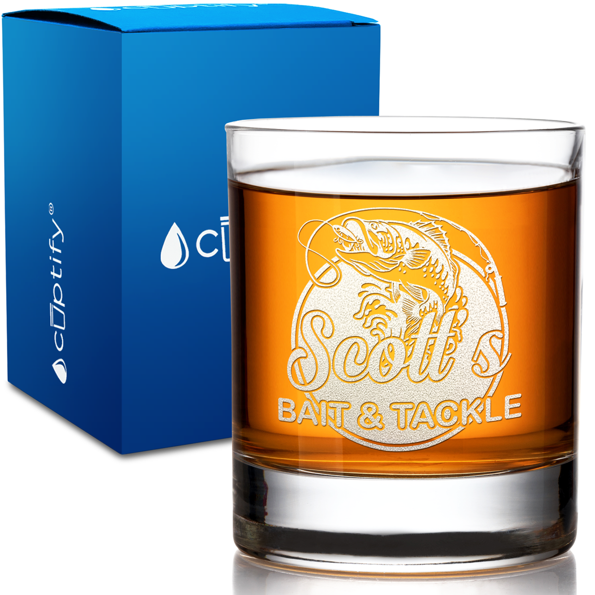 Personalized Bait and Tackle on 10.25oz Whiskey Glass
