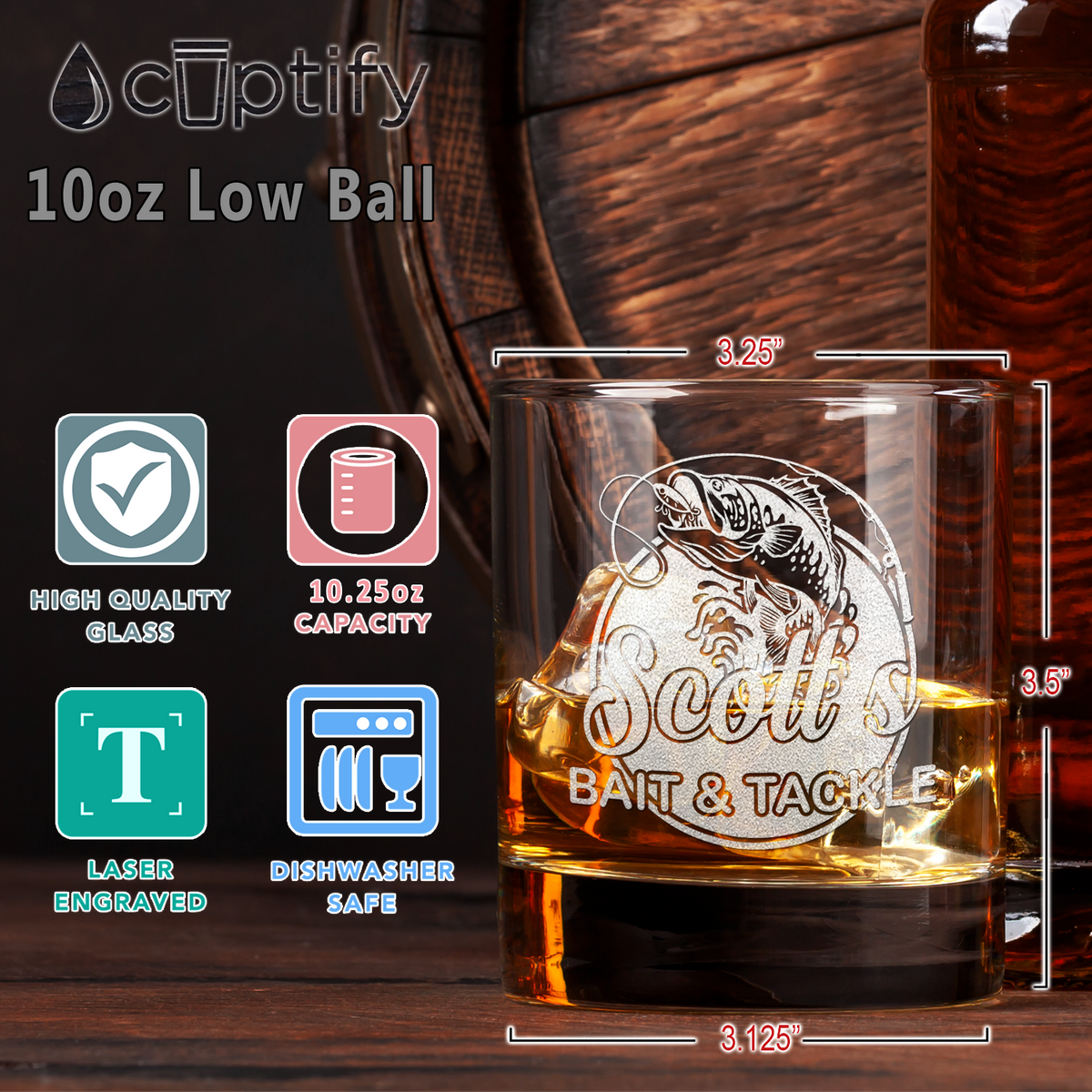 Personalized Bait and Tackle on 10.25oz Whiskey Glass