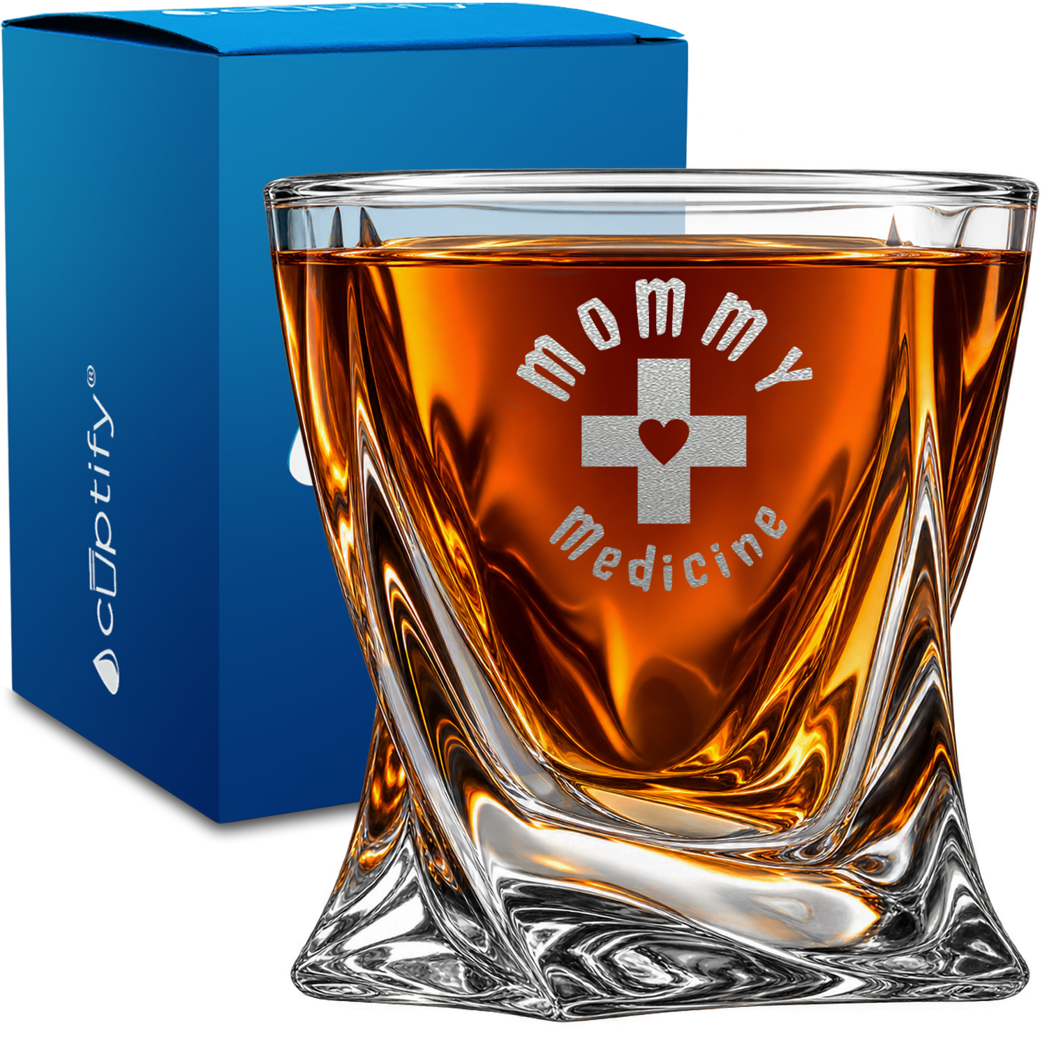 Mommy Medicine design on 10oz Twisted Whiskey Glass