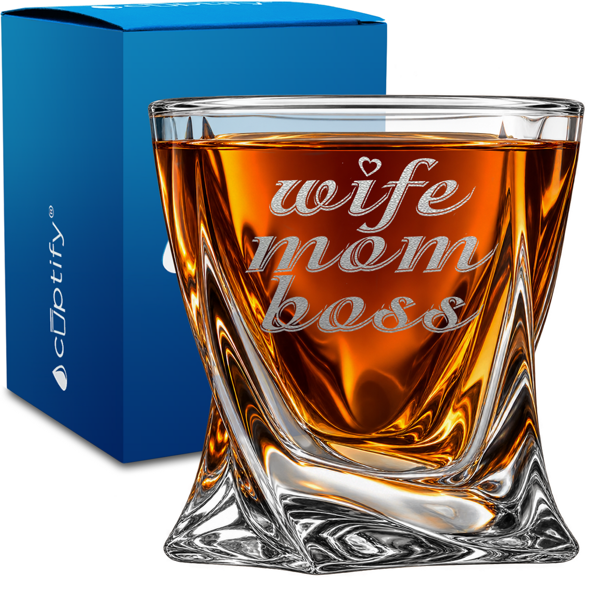 Wife Mom Boss design on 10oz Twisted Whiskey Glass