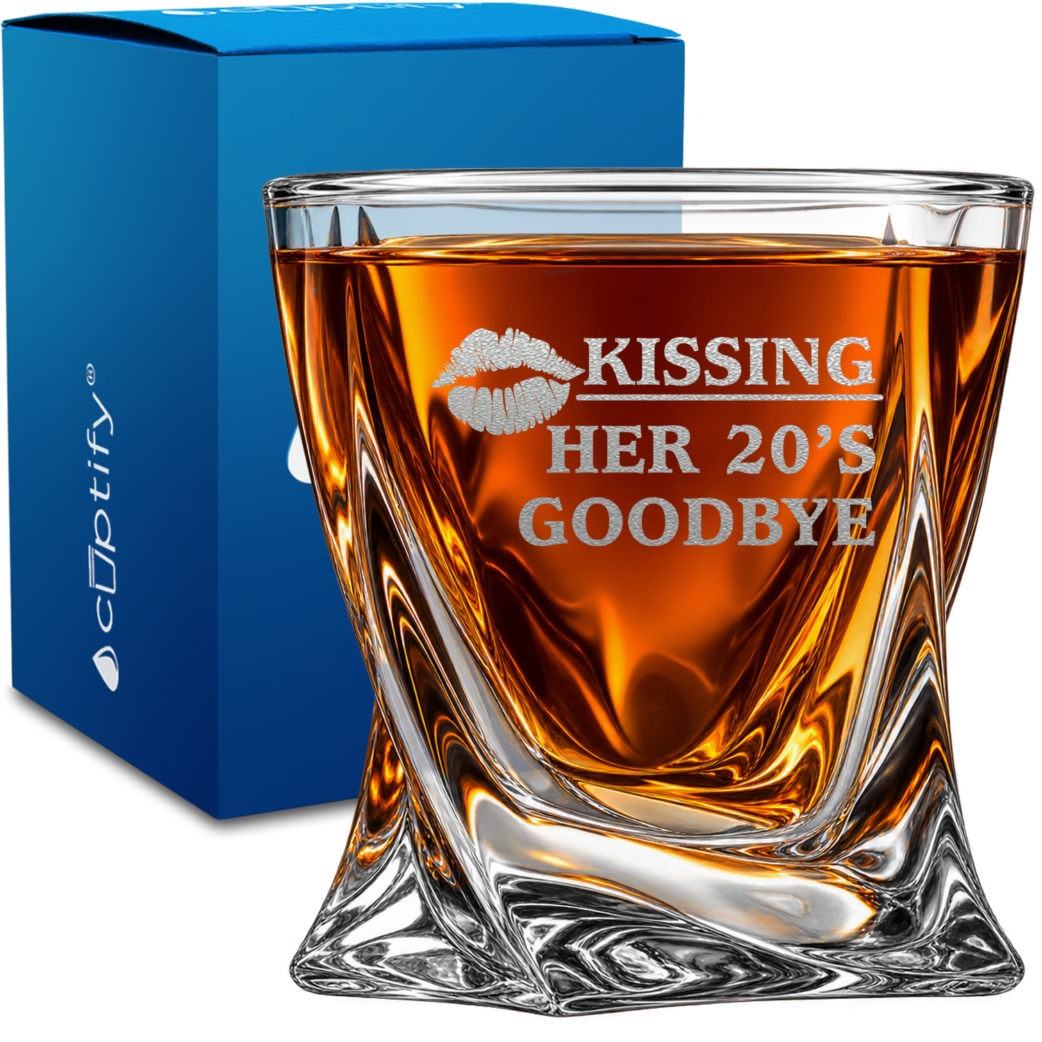 Kissing Her 20's Goodbye 30th Birthday design on 10oz Twisted Whiskey Glass