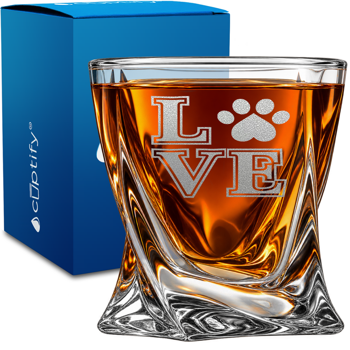Love Dogs Paw Print design on 10oz Twisted Whiskey Glass