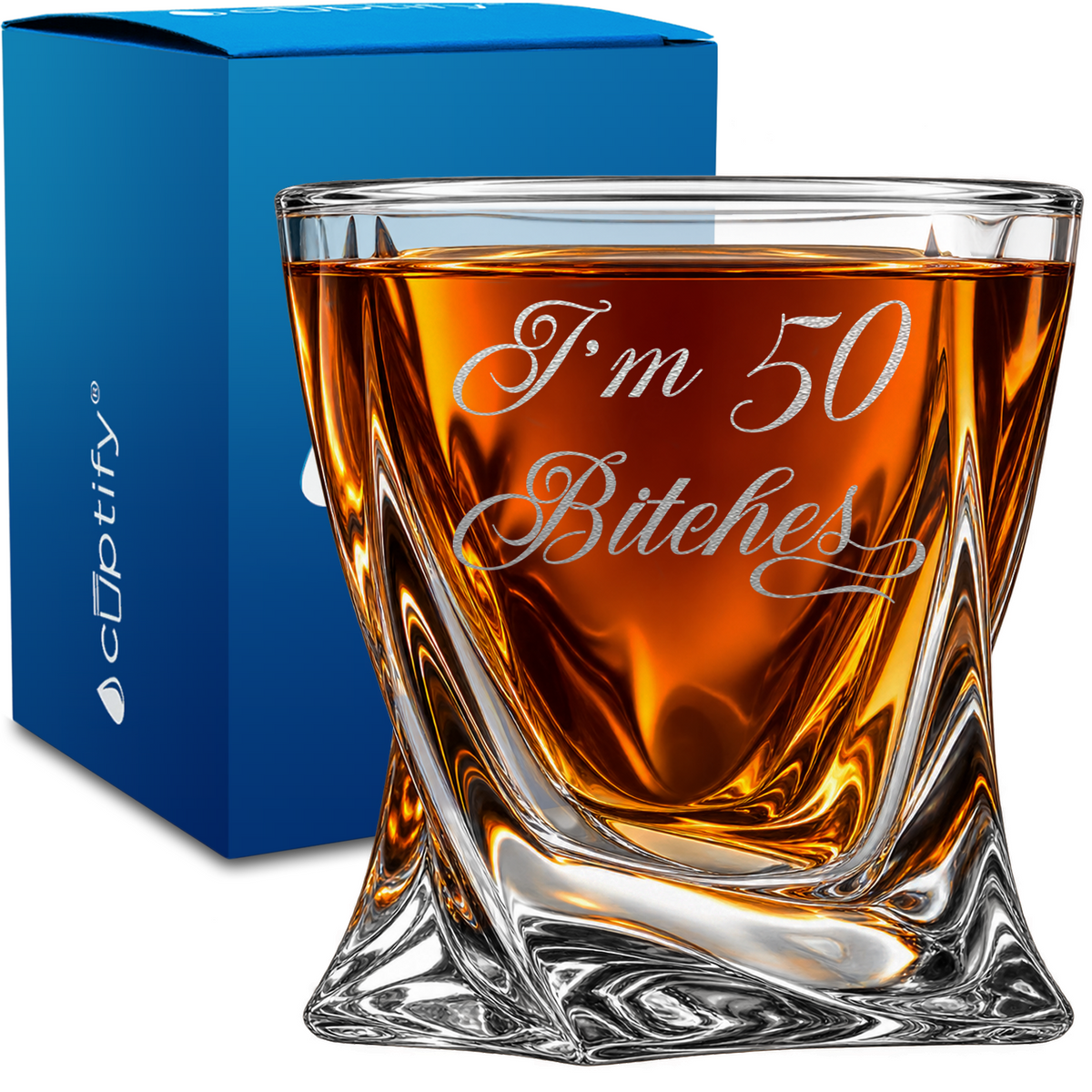 I'm 50 Bitches design on 10oz Twisted Whiskey Glass