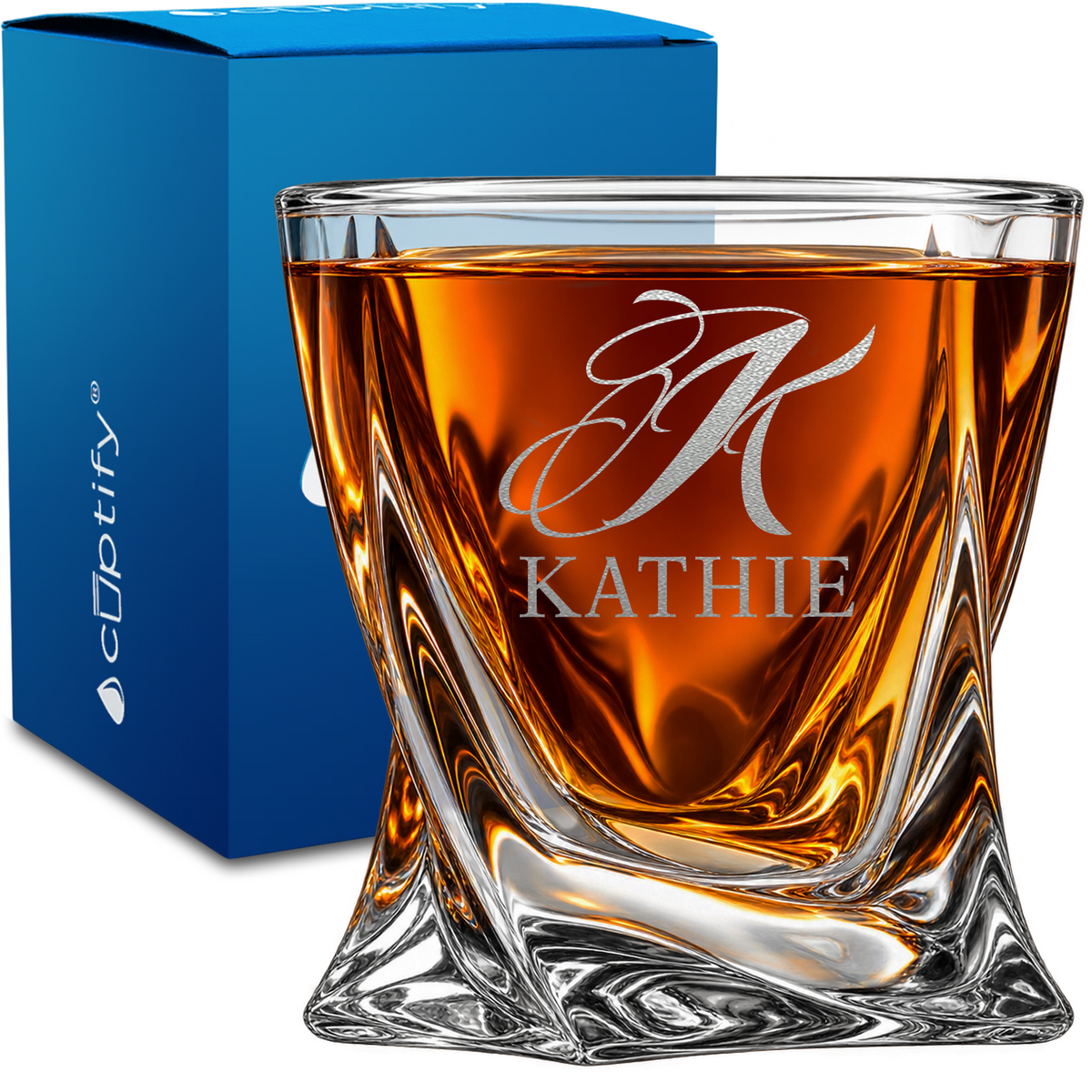 Script Monogram Initial and Name design on 10oz Twisted Whiskey Glass