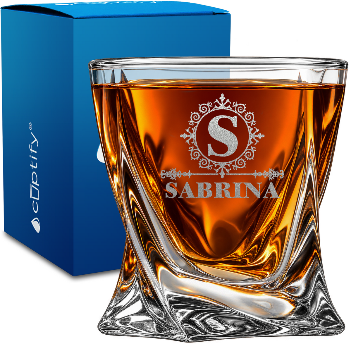 Ultramodern Monogram design on 10oz Twisted Whiskey Glass