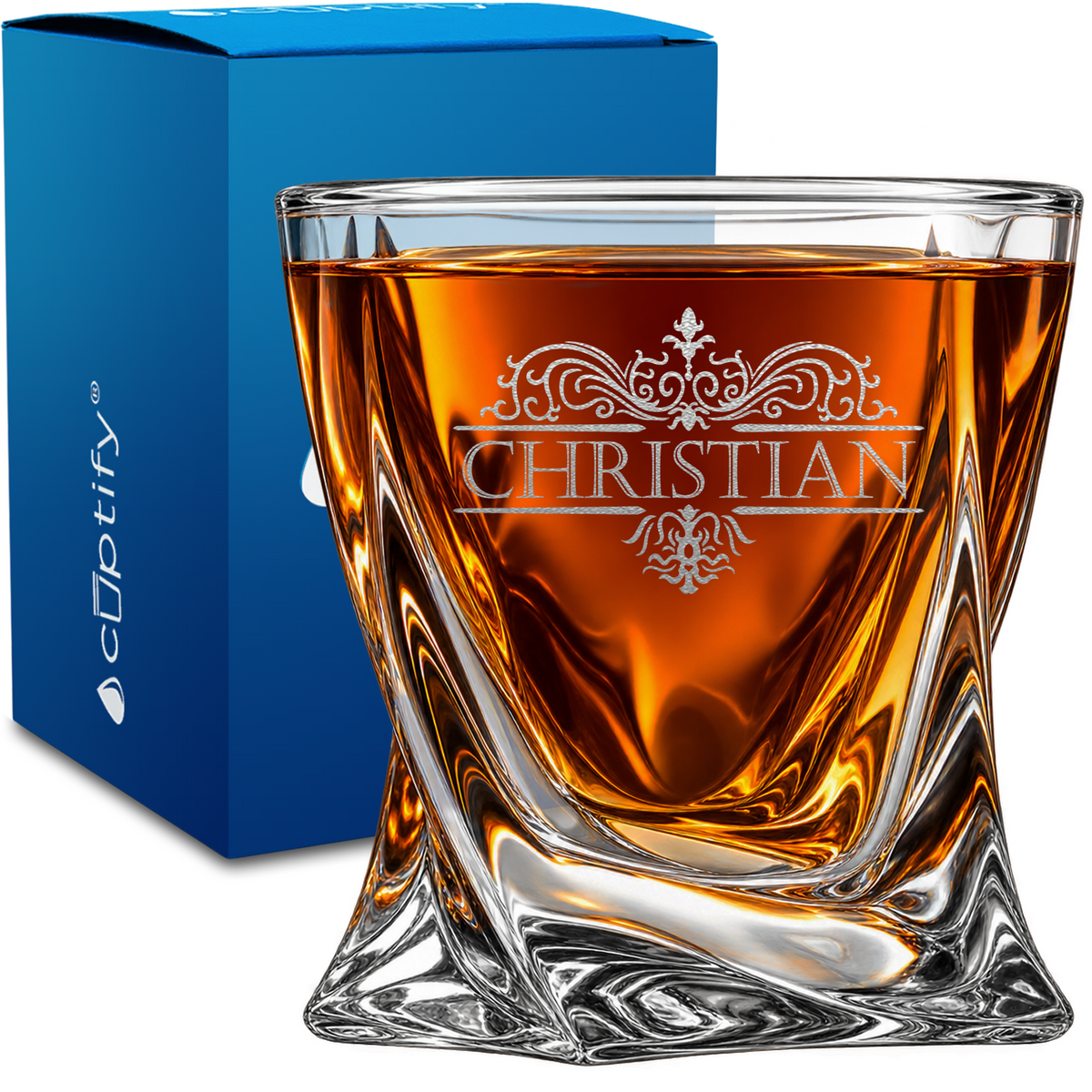 Vestige Monogram design on 10oz Twisted Whiskey Glass