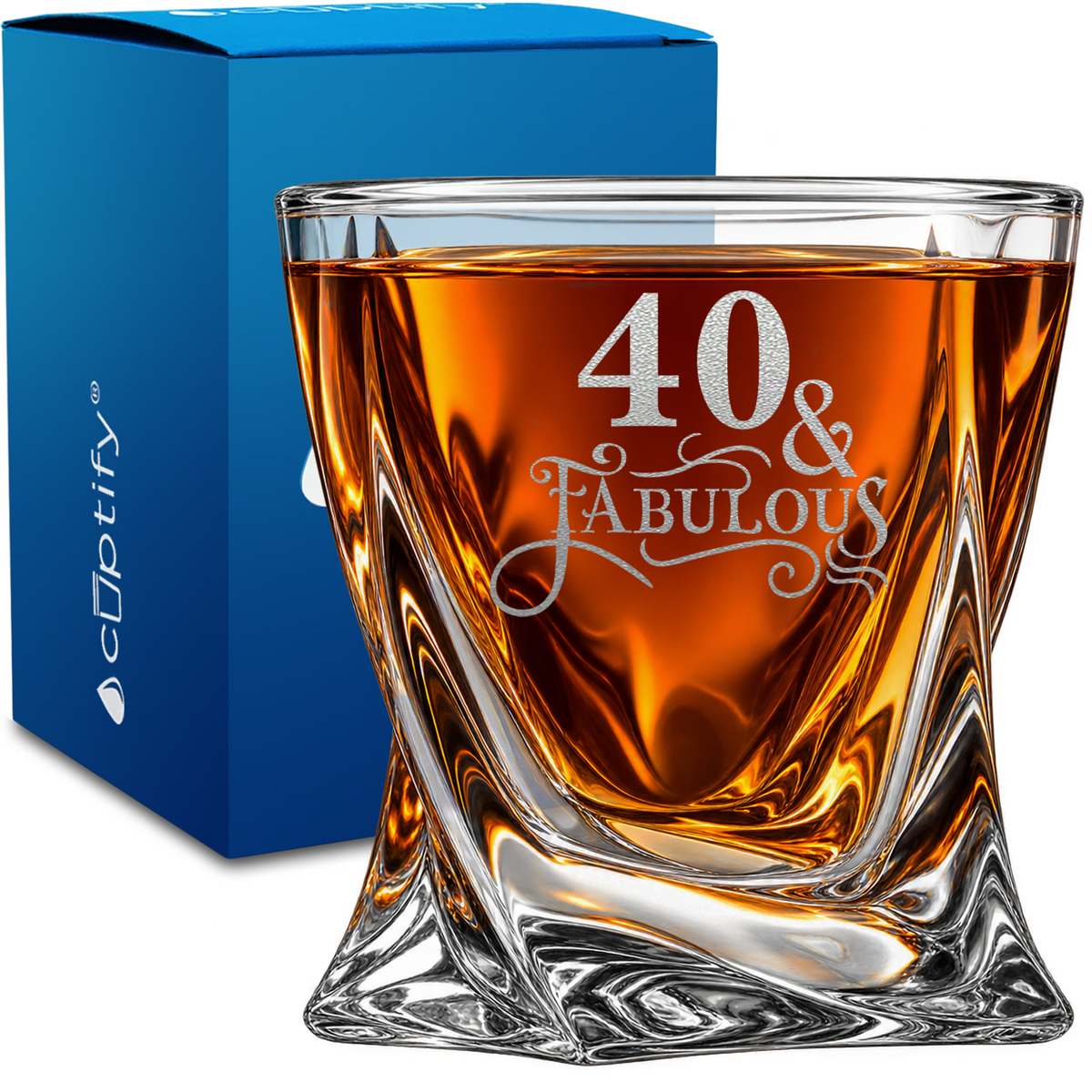 40 & Fabulous design on 10oz Twisted Whiskey Glass