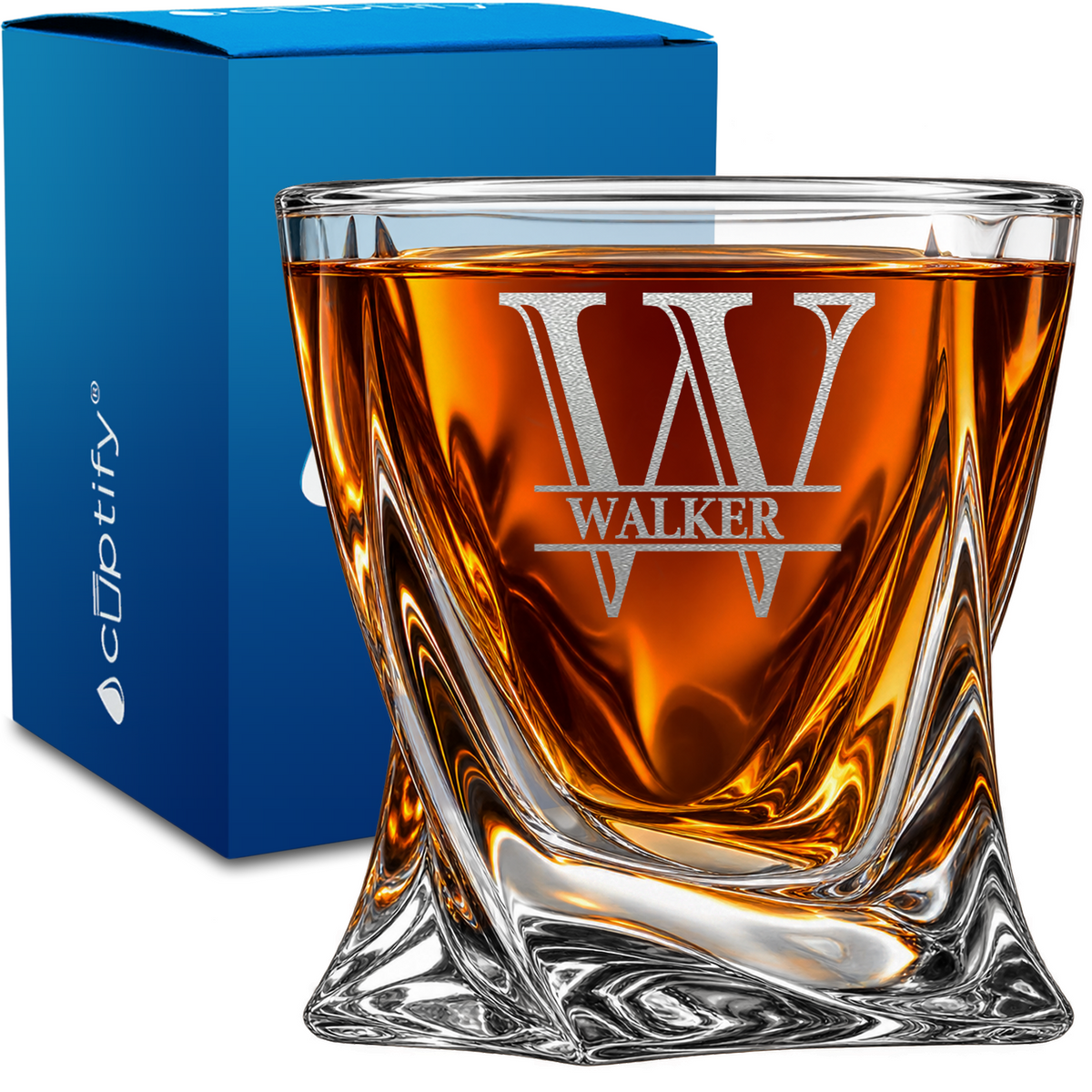 Personalized Imprint Shadow design on 10oz Twisted Whiskey Glass