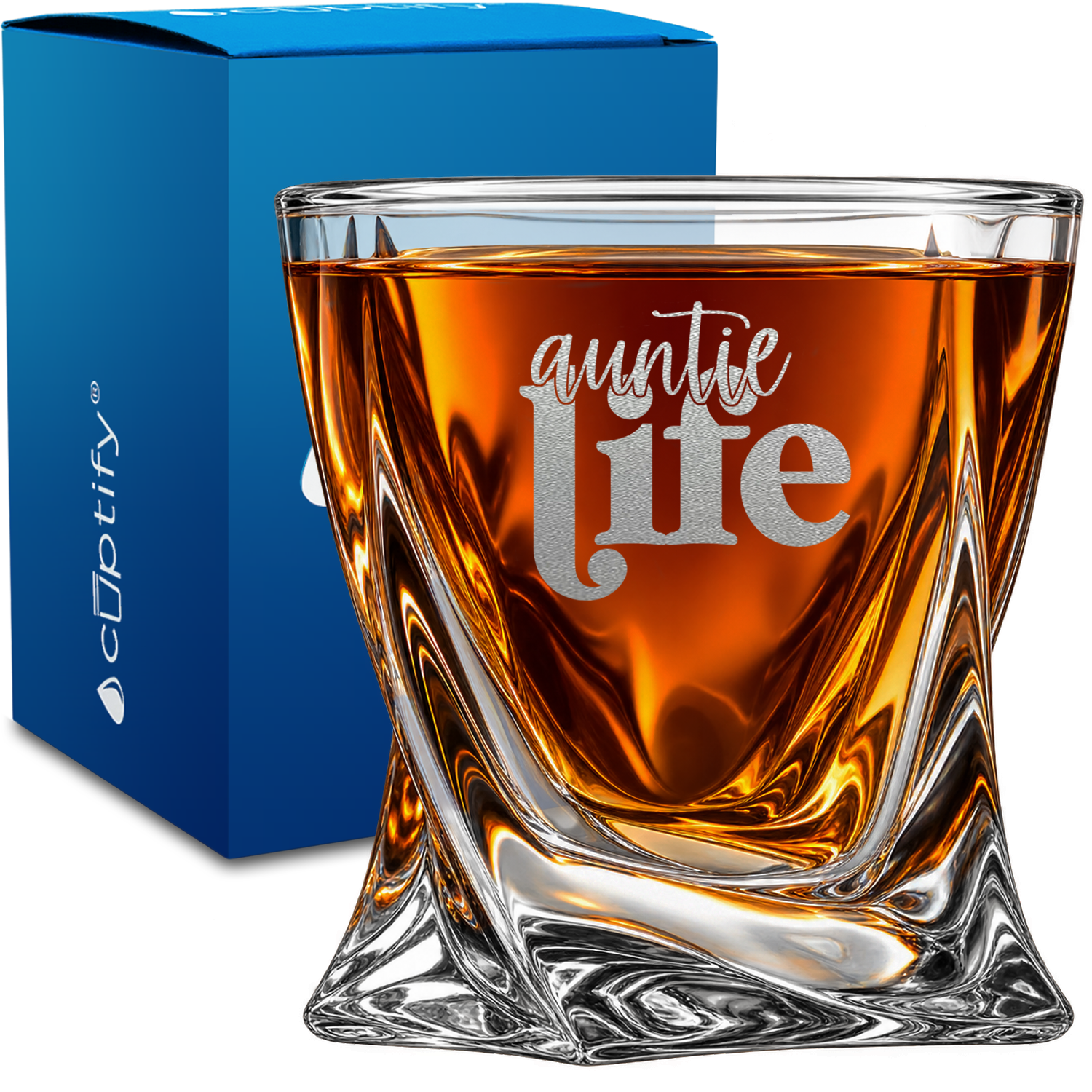 Auntie Life design on 10oz Twisted Whiskey Glass