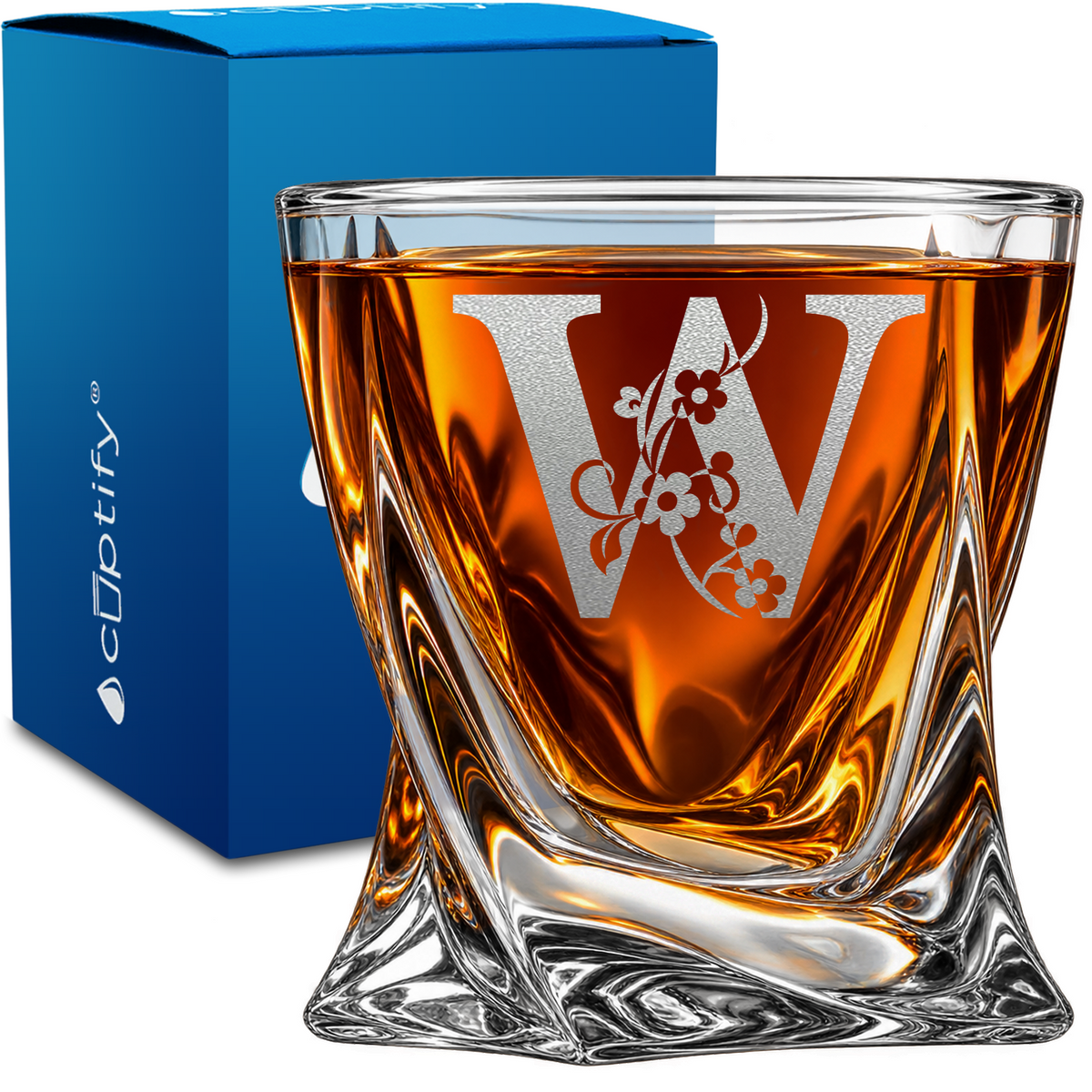 Monogram Floral Initial Letter design on 10oz Twisted Whiskey Glass