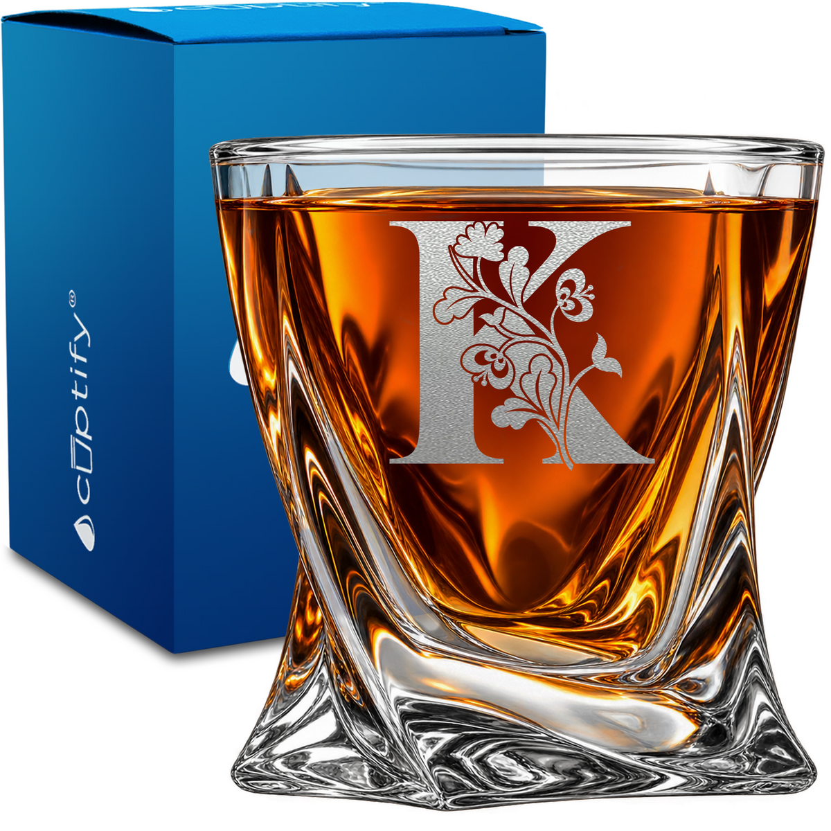 Monogram Blooming Floral Initial Letter design on 10oz Twisted Whiskey Glass