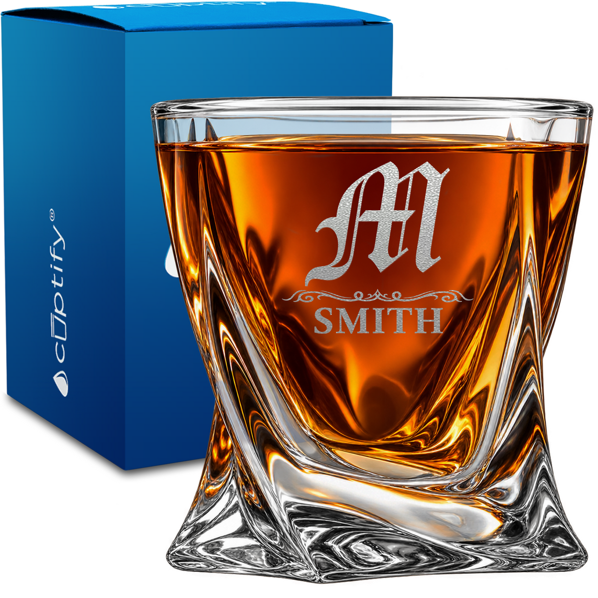 Personalized Gothic Initial design on 10oz Twisted Whiskey Glass