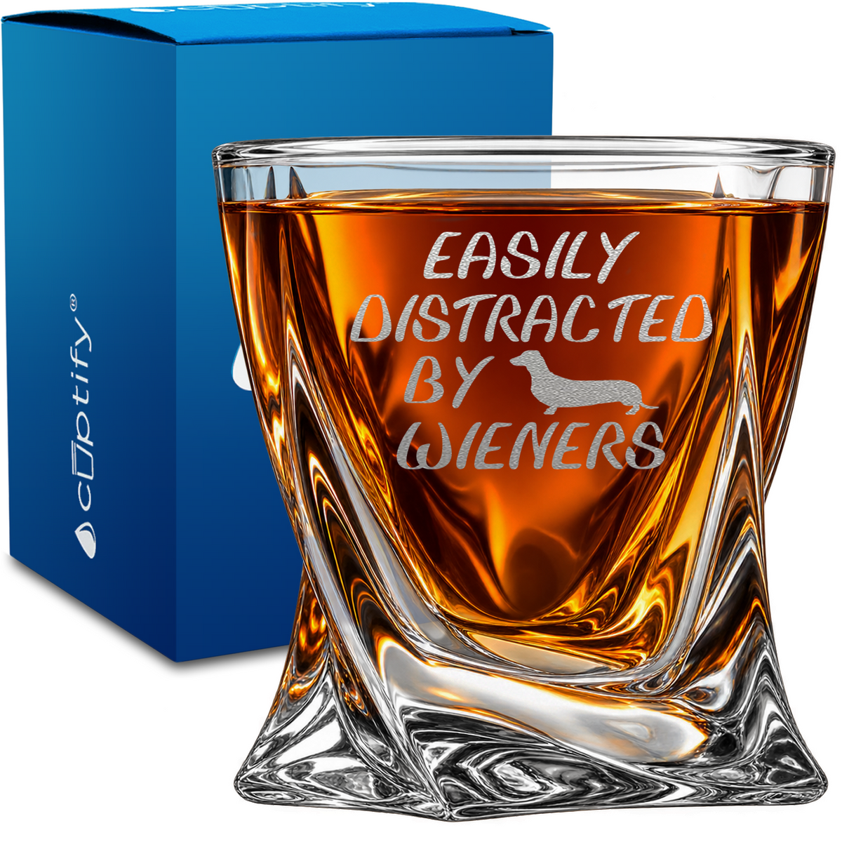 Easily Distracted by Wieners design on 10oz Twisted Whiskey Glass