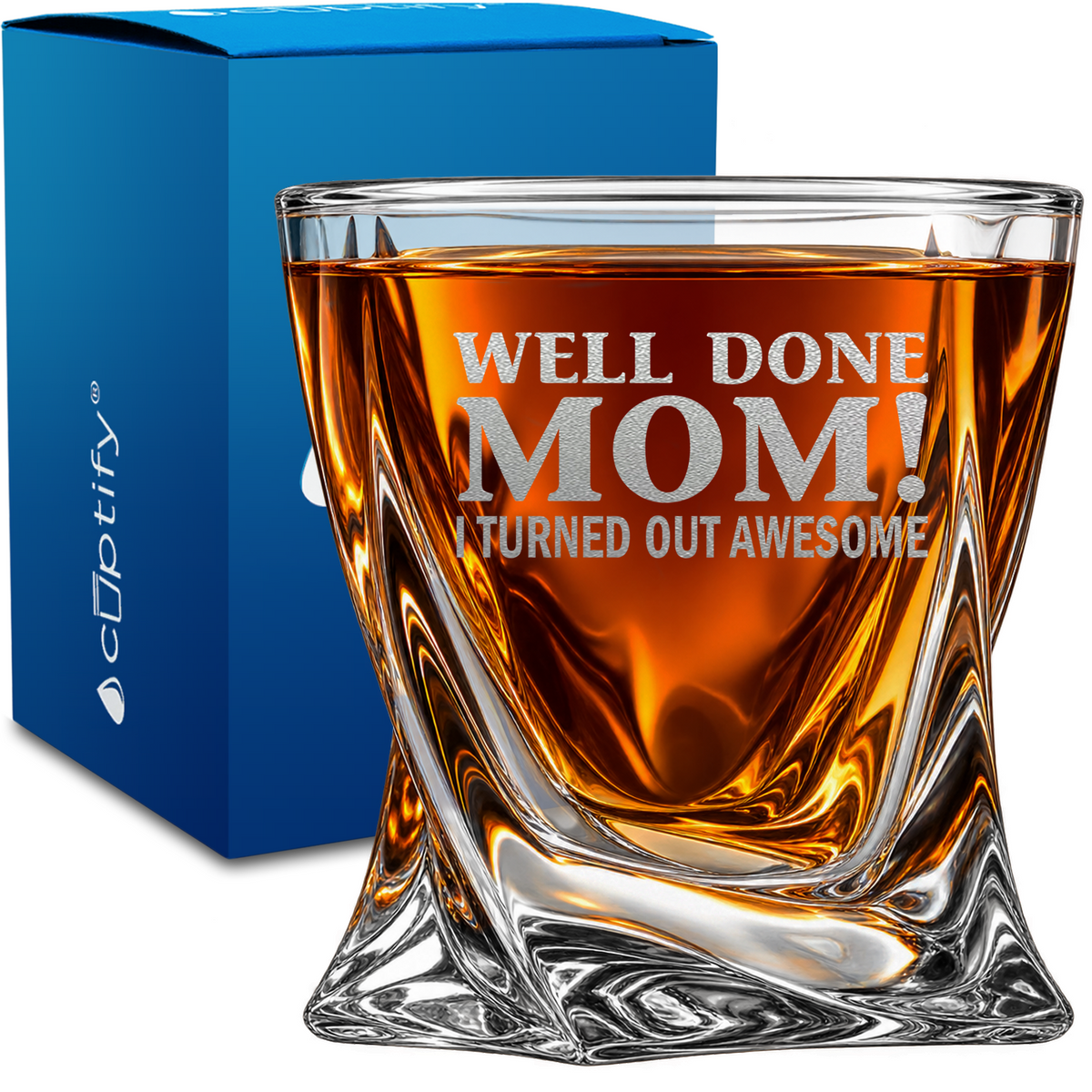 Well Done Mom design on 10oz Twisted Whiskey Glass