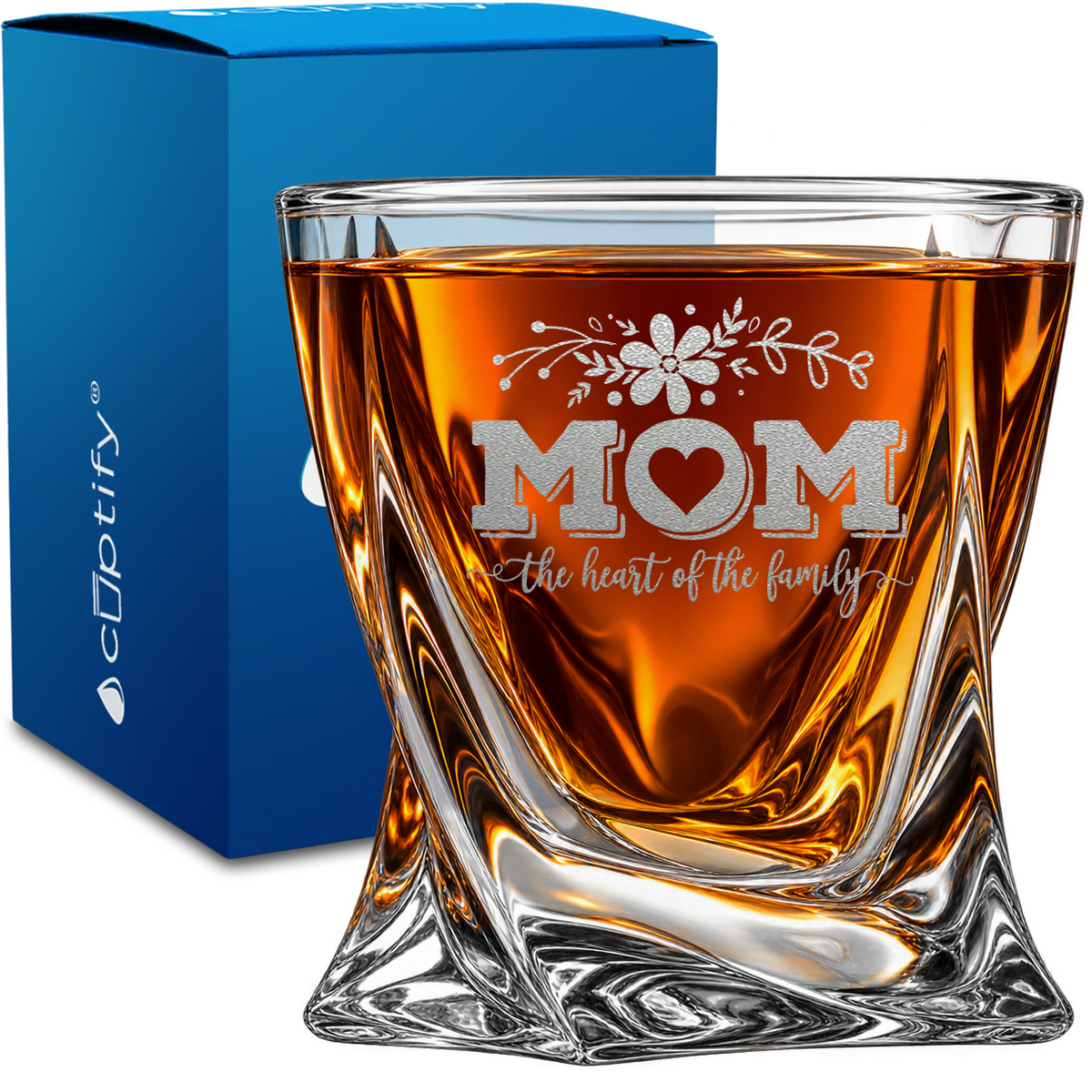 Mom the Heart of the Family design on 10oz Twisted Whiskey Glass