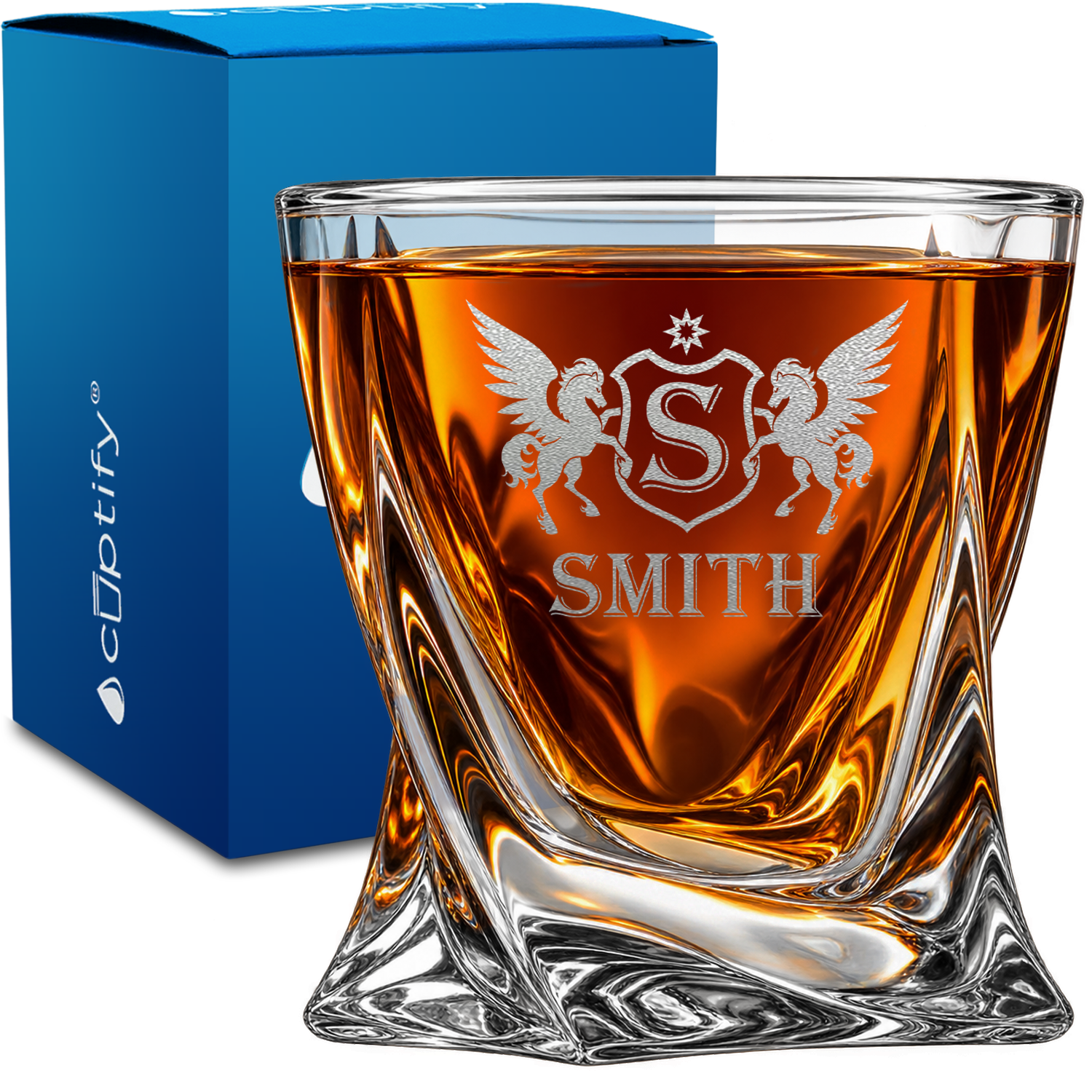 Personalized Celestial Pegasus Monogram design on 10oz Twisted Whiskey Glass