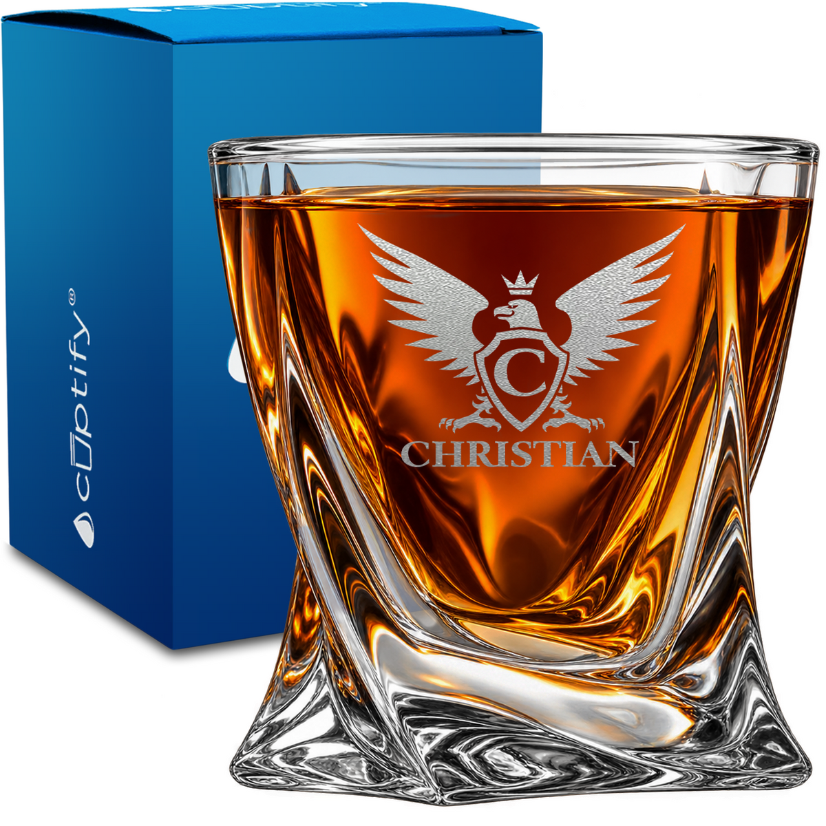 Personalized Eagle Crest Monogram design on 10oz Twisted Whiskey Glass