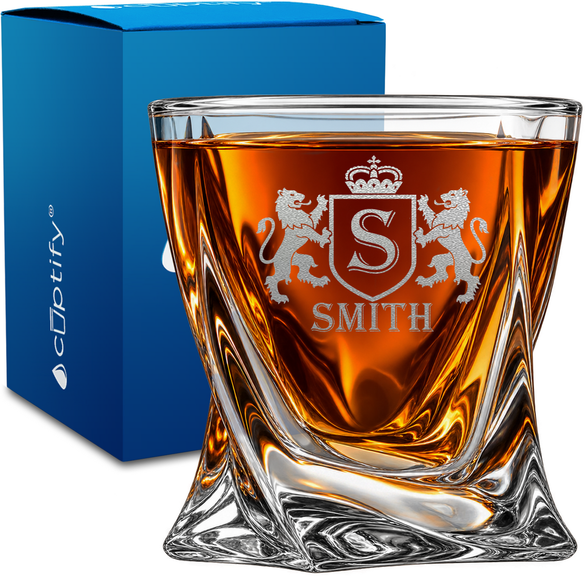 Personalized Heraldic Lions Shield Monogram design on 10oz Twisted Whiskey Glass