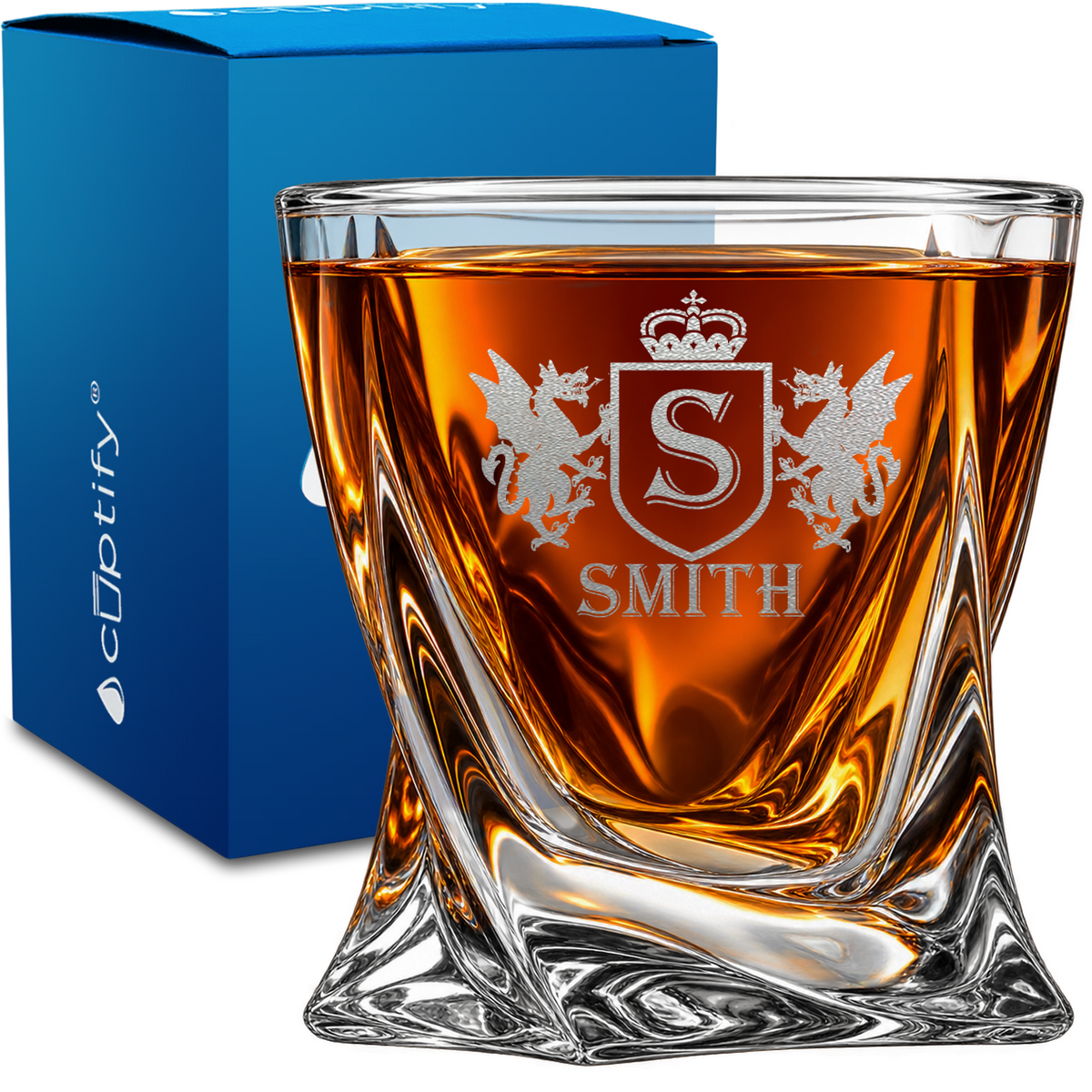 Personalized Twin Dragon Crest Monogram design on 10oz Twisted Whiskey Glass