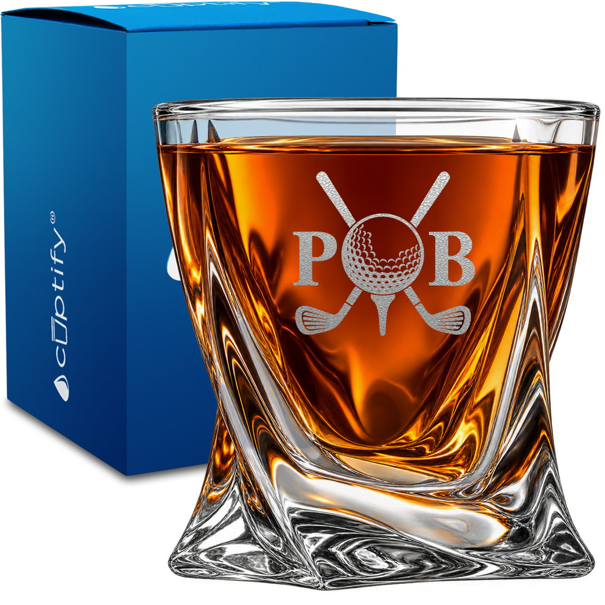 Crossed Clubs Golf Monogram design on 10oz Twisted Whiskey Glass