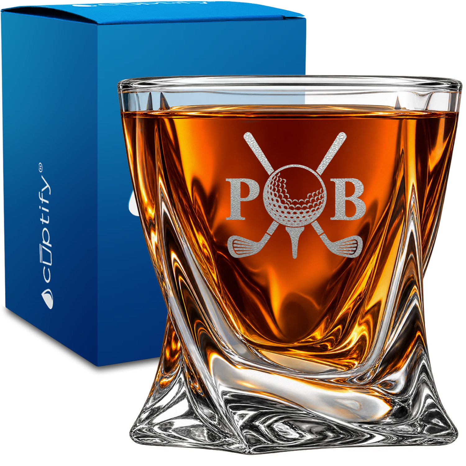 Crossed Clubs Golf Monogram design on 10oz Twisted Whiskey Glass