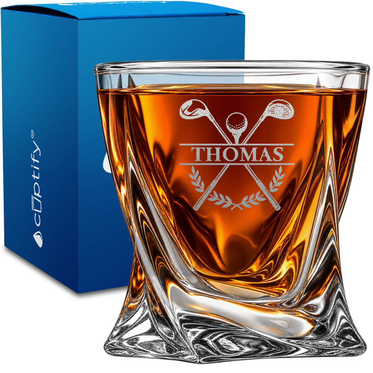 Split Golf Clubs Monogram design on 10oz Twisted Whiskey Glass