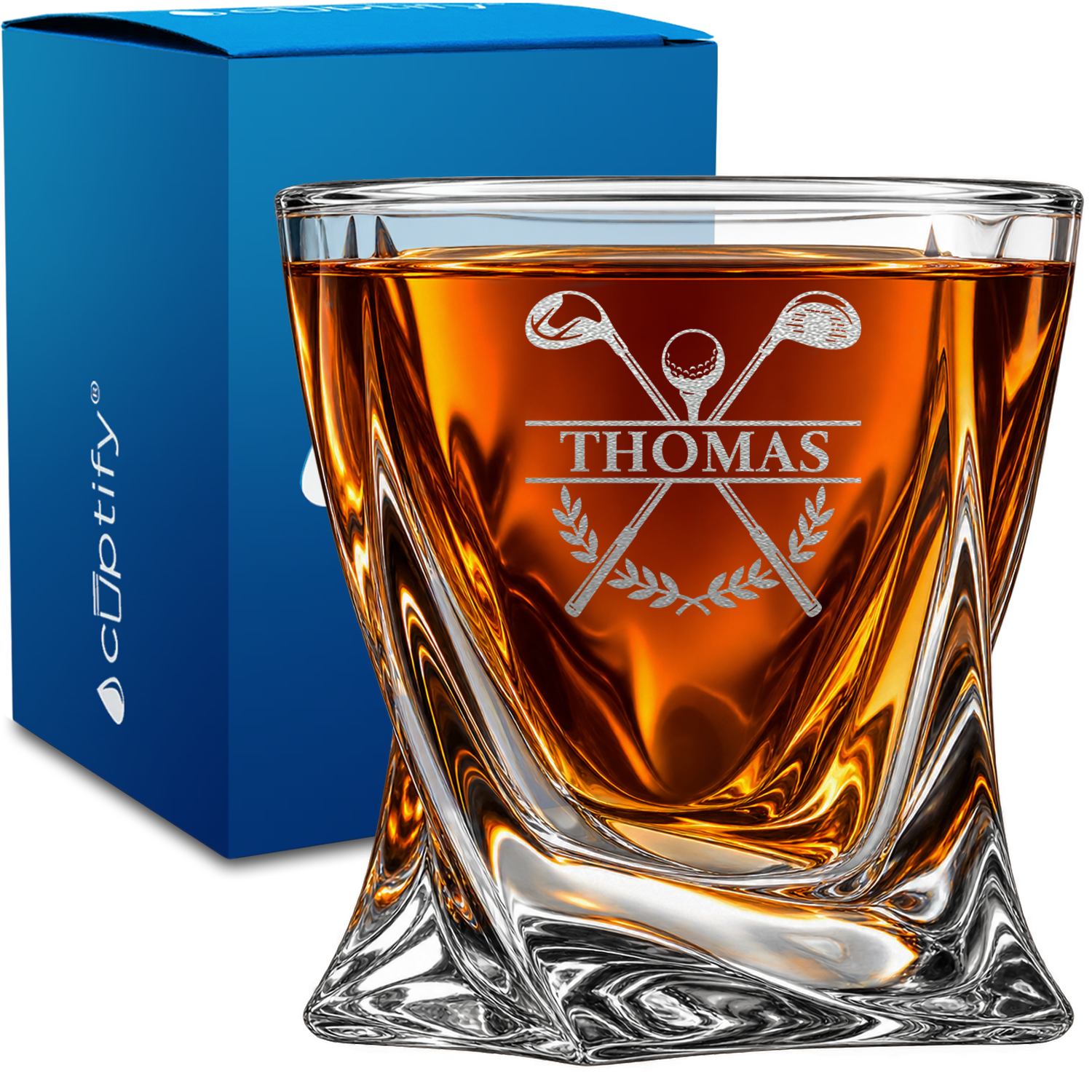 Split Golf Clubs Monogram design on 10oz Twisted Whiskey Glass