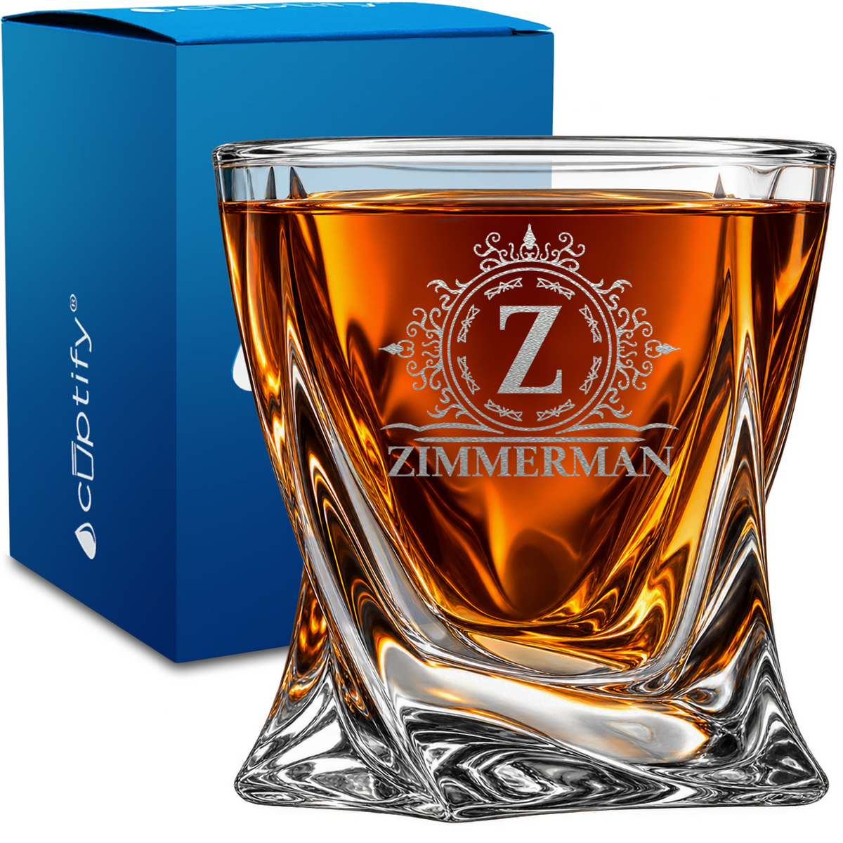 Personalized Ornate Heritage Crest Monogram design on 10oz Twisted Whiskey Glass
