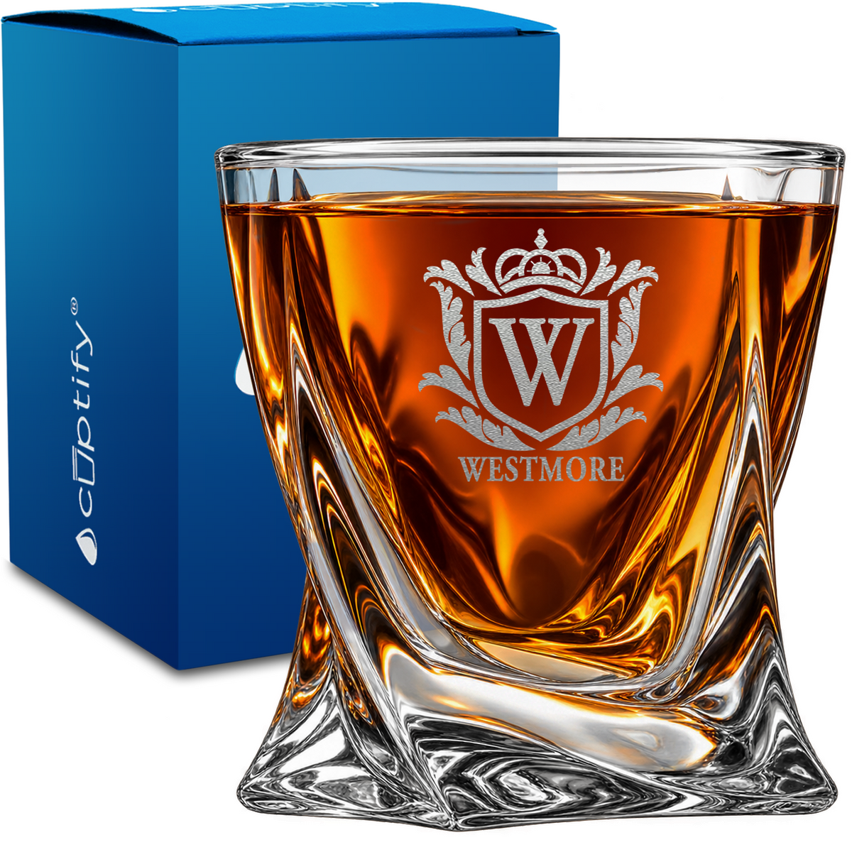 Personalized Monogram Crest design on 10oz Twisted Whiskey Glass